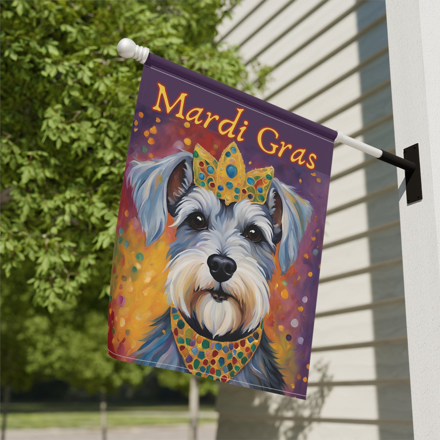 Mardi Gras Miniature Schnauzer 2-Sided Garden & House Flag/Banner