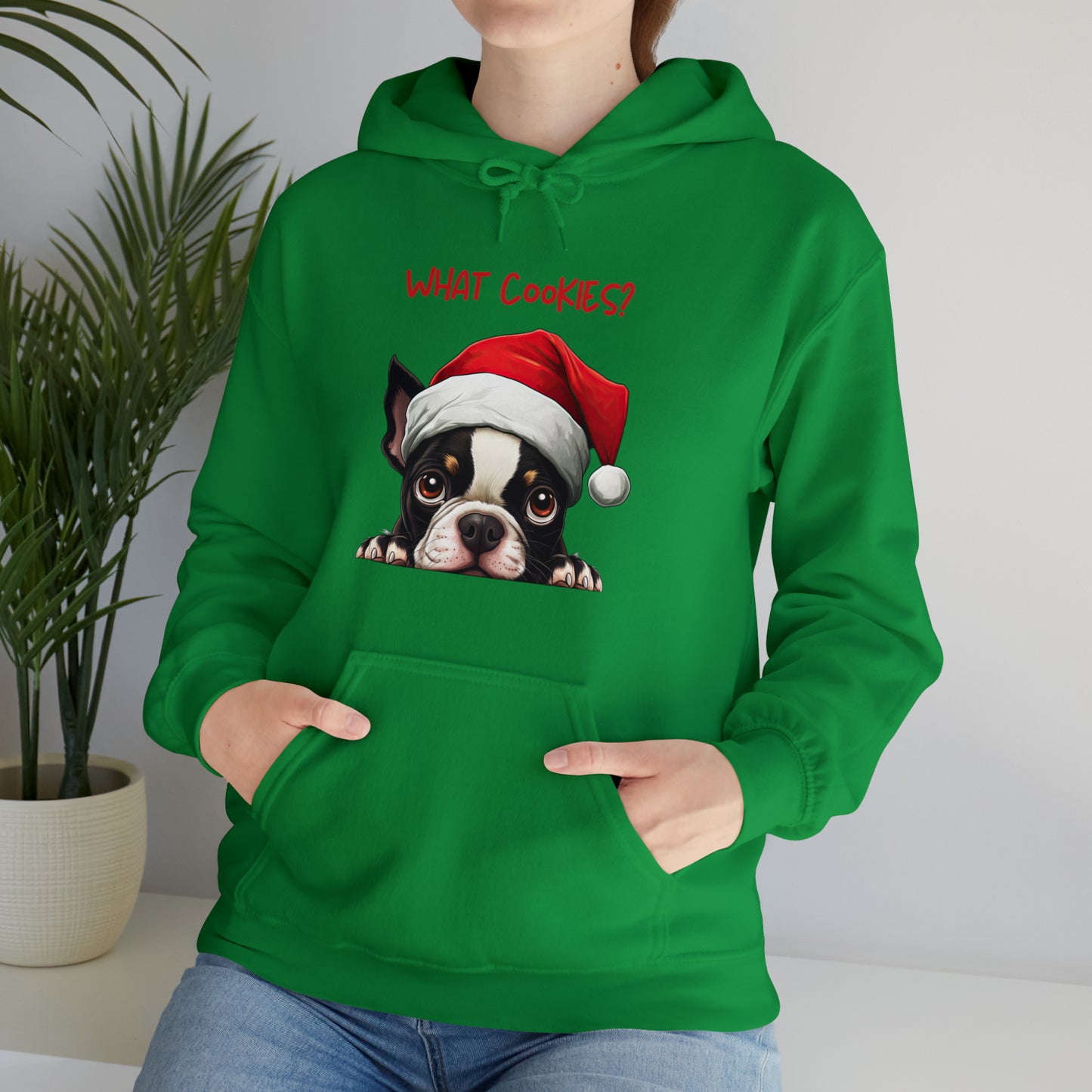 What Cookies? Boston Terrier in Santa Hat Unisex Heavy Blend™ Hooded Sweatshirt