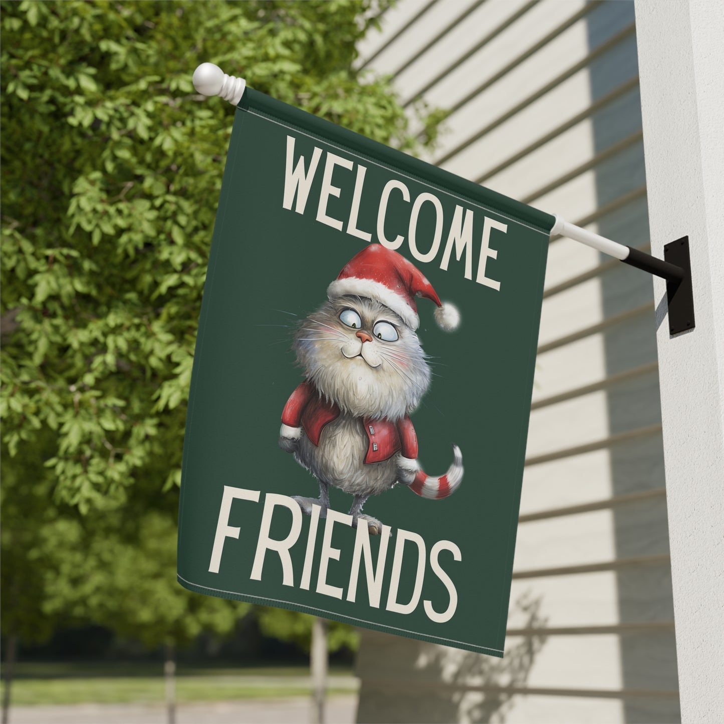 Crazy Cat in Santa Suit Welcome Friends 2-Sided Garden & House Flag/Banner