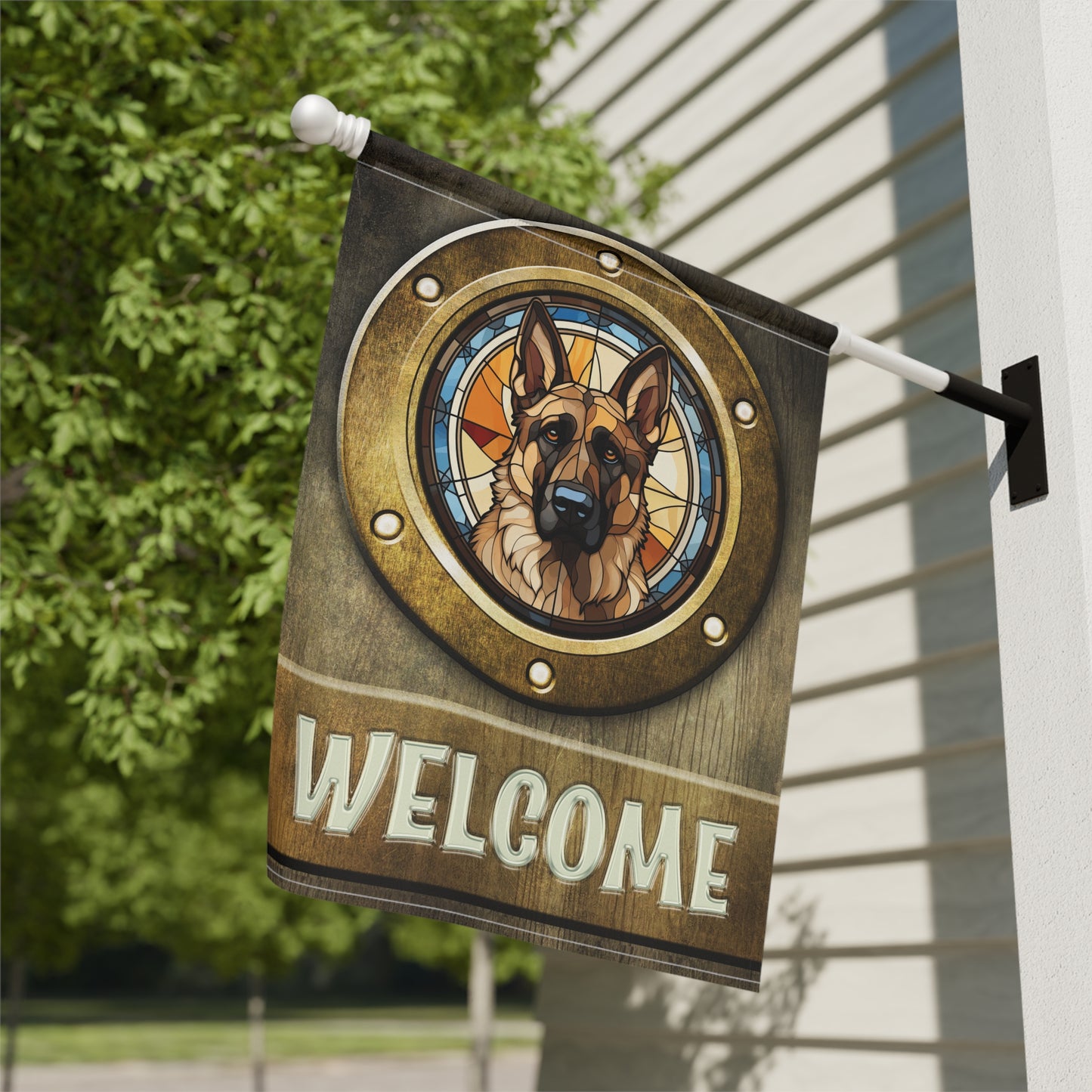 German Shepherd in Port Hole Welcome 2-Sided Garden & House Flag/Banner