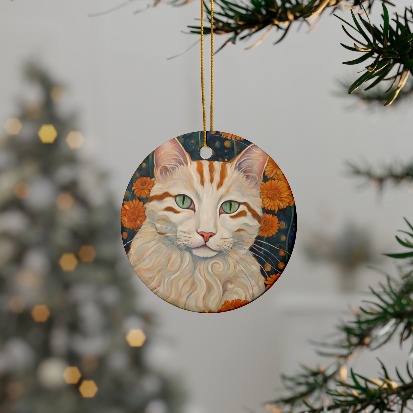 Chrysanthemum Cat 3" Ceramic Ornaments, 2-Side Print, (1pc, 10pcs)