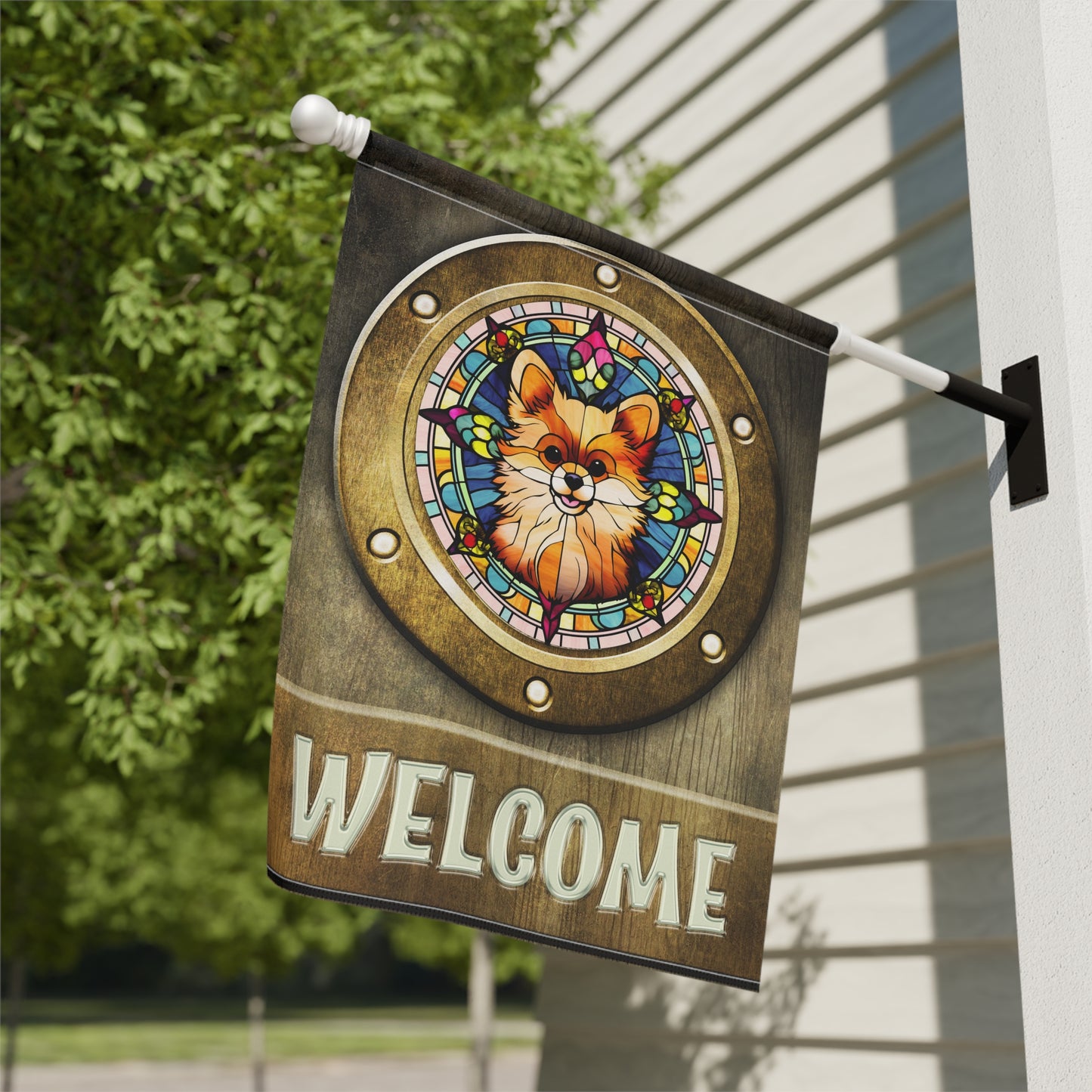Pomeranian in Port Hole Welcome 2-Sided Garden & House Flag/Banner