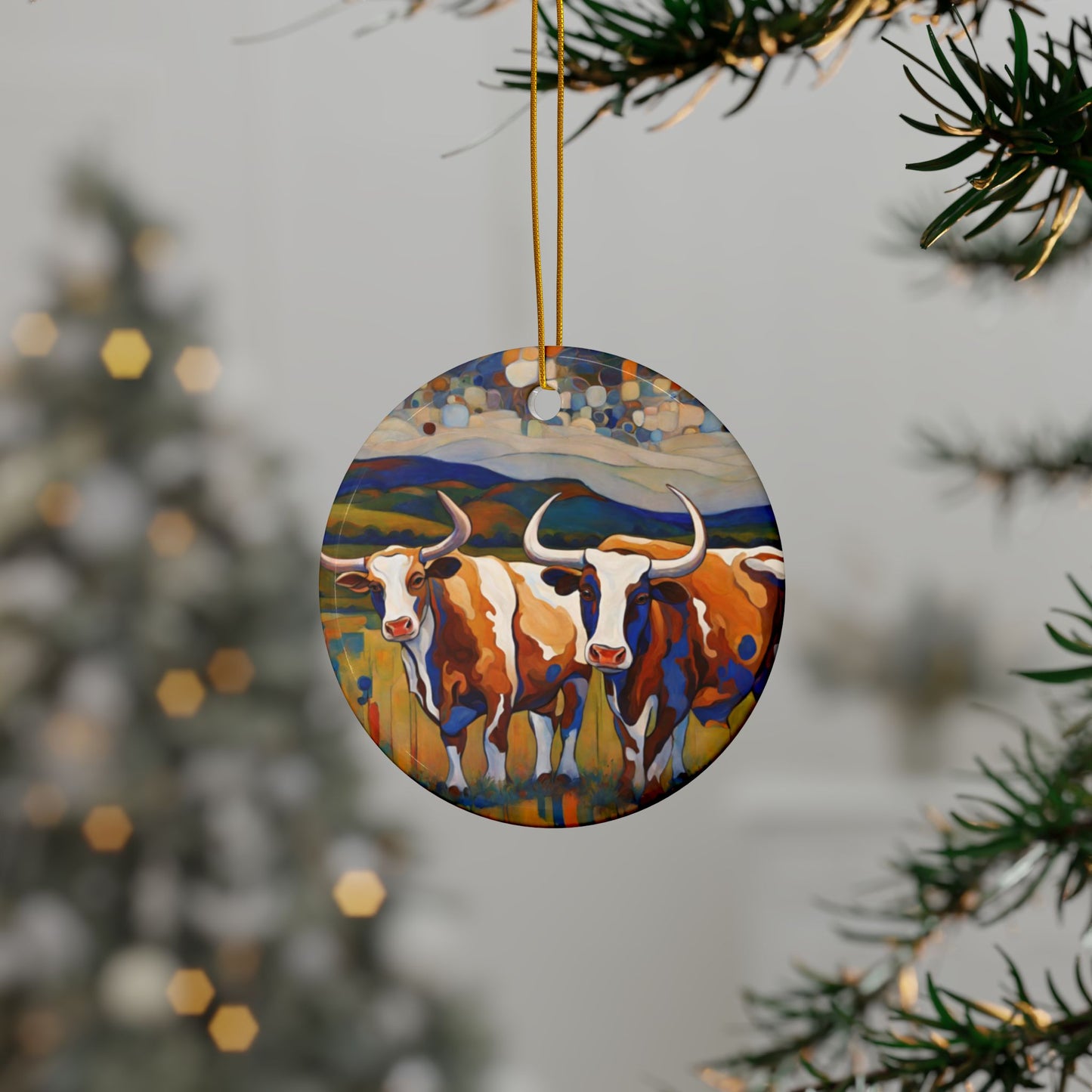 At the Ranch Longhorn 3" Ceramic Ornaments, 2-Side Print, (1pc, 10pcs)