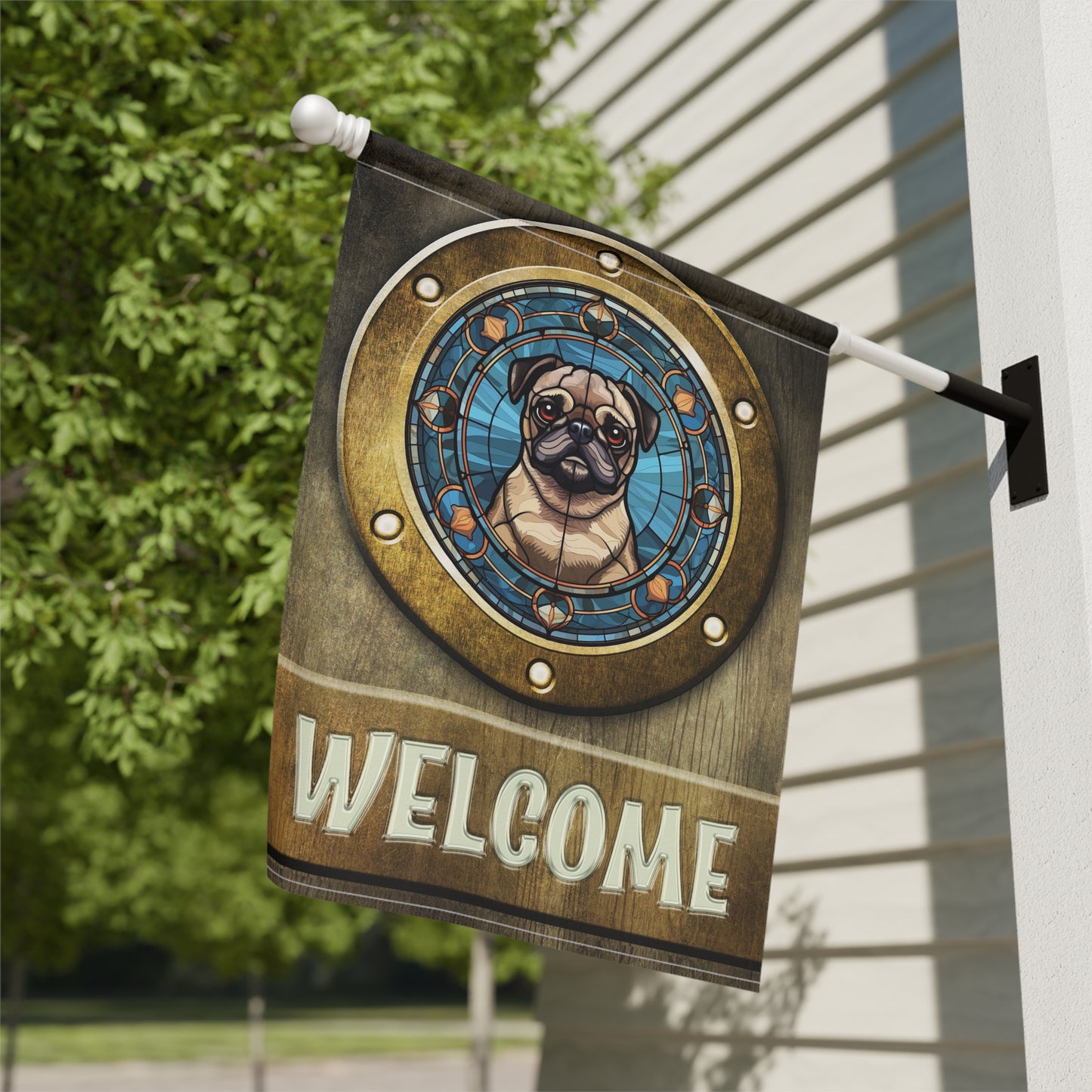 Pug in Port Hole Welcome 2-Sided Garden & House Flag/Banner