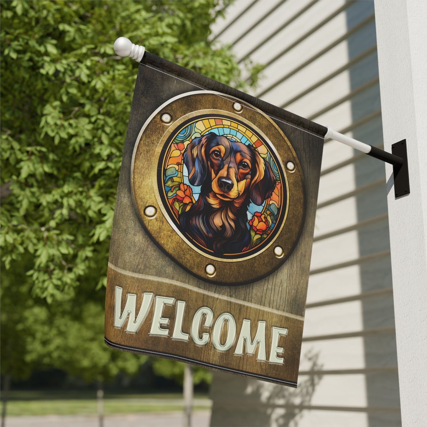 Dachshund in Port Hole Welcome 2-Sided Garden & House Flag/Banner