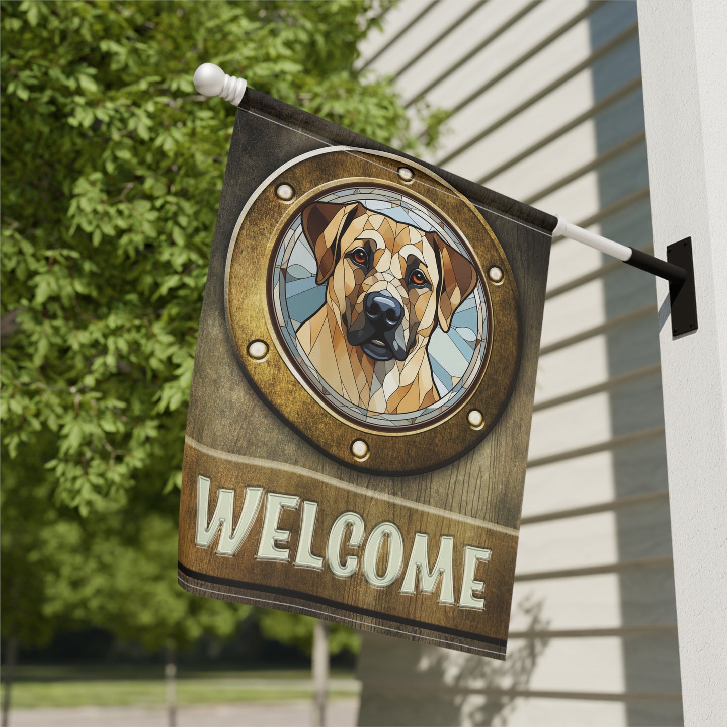 Anatolian Shepherd in Port Hole Welcome 2-Sided Garden & House Flag/Banner