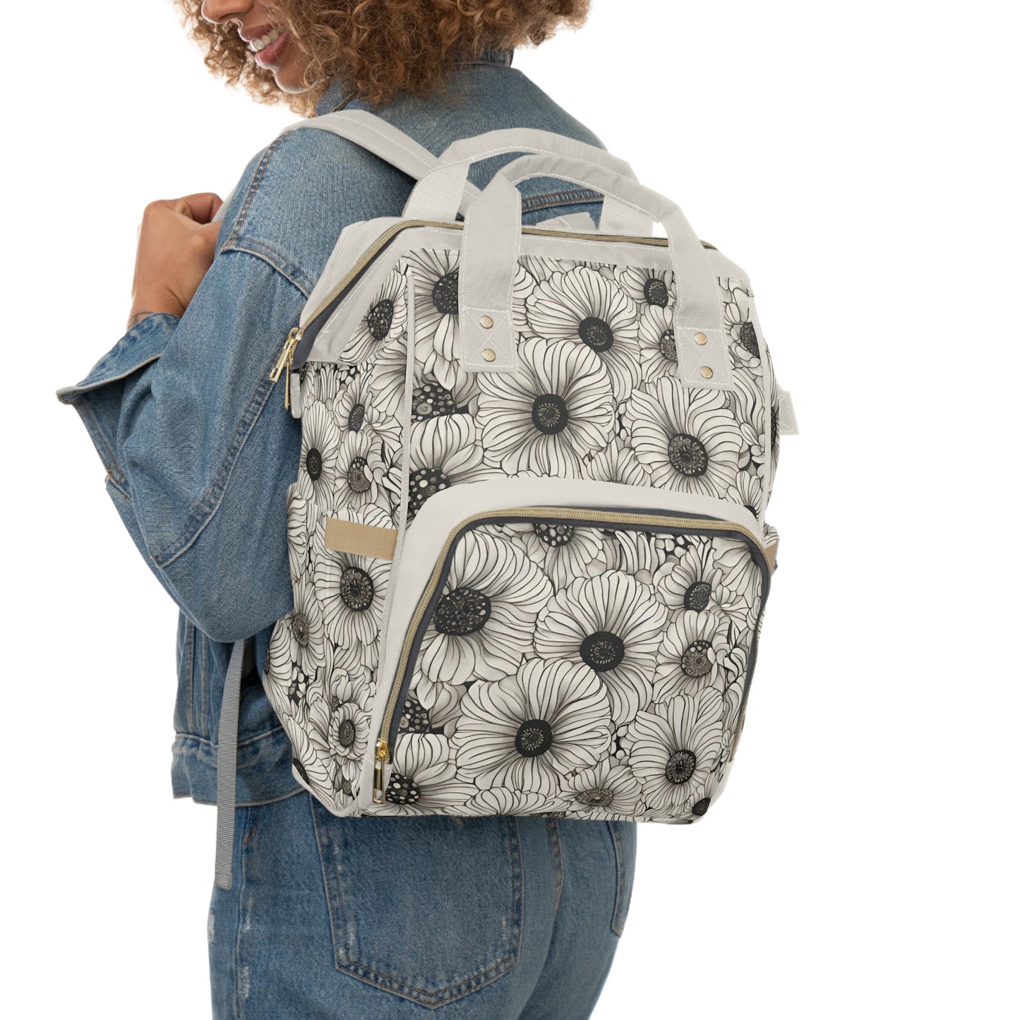 Spence B&W Floral Multifunctional Diaper Backpack