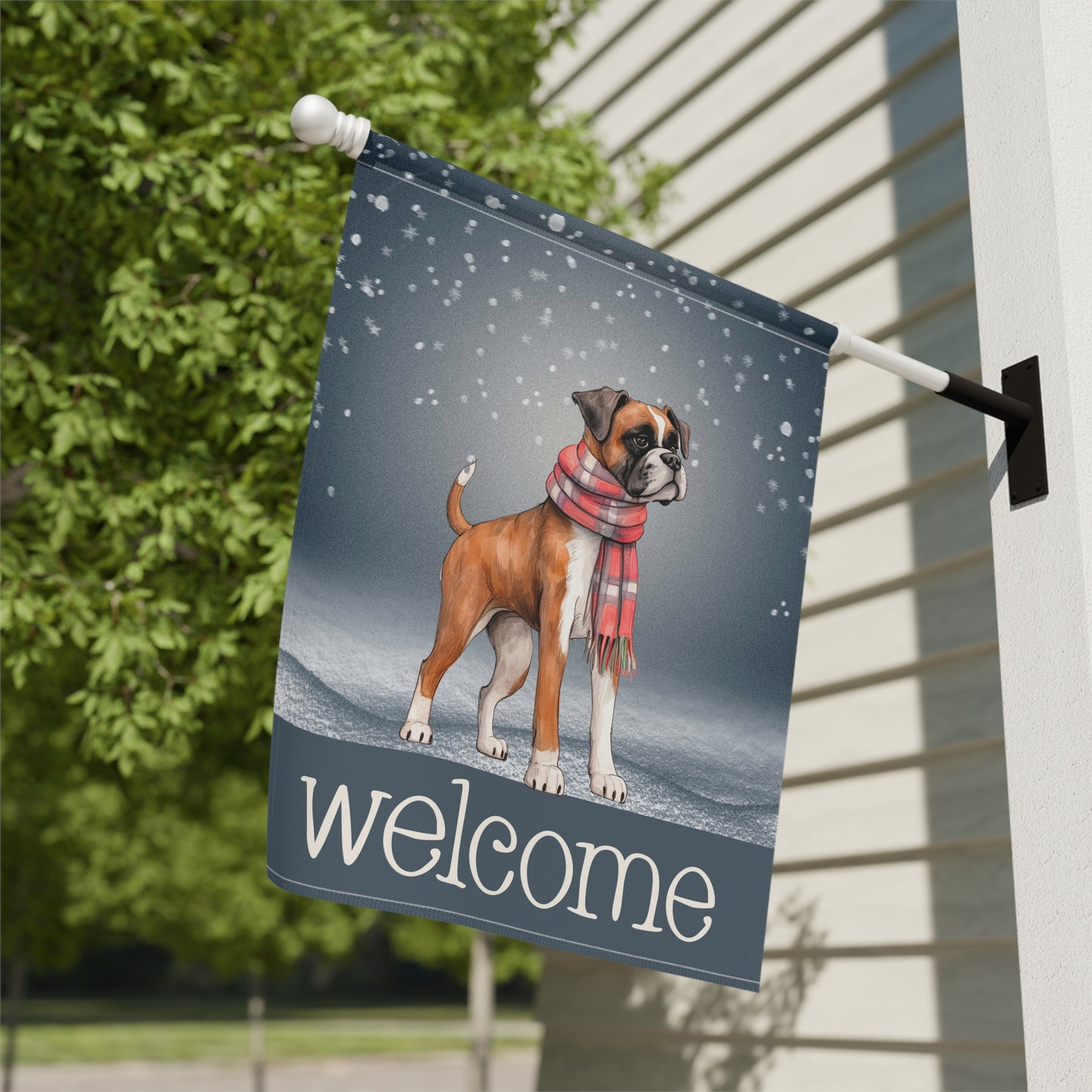 Snowy Welcome Boxer in Scarf 2-Sided Garden & House Flag/Banner