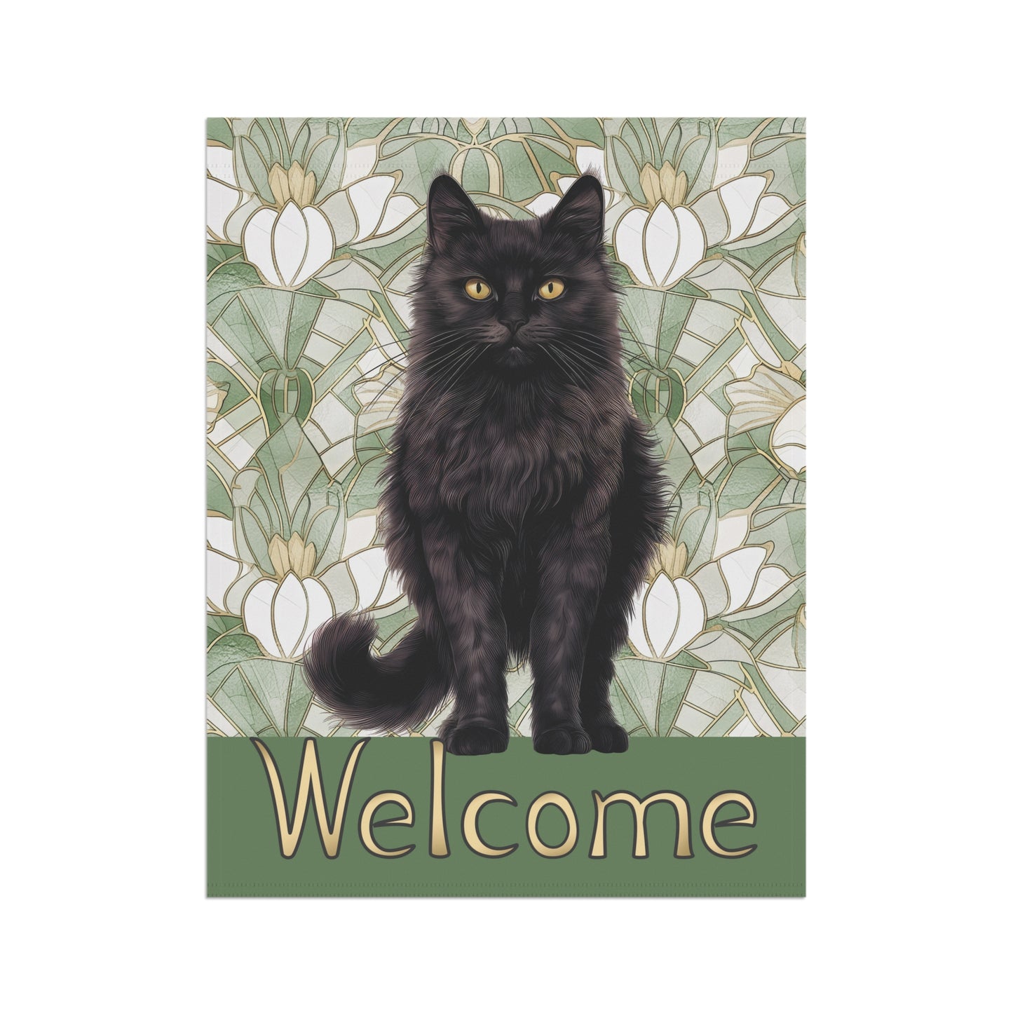 Black Cat on Sage Welcome 2-Sided Garden & House Flag/Banner
