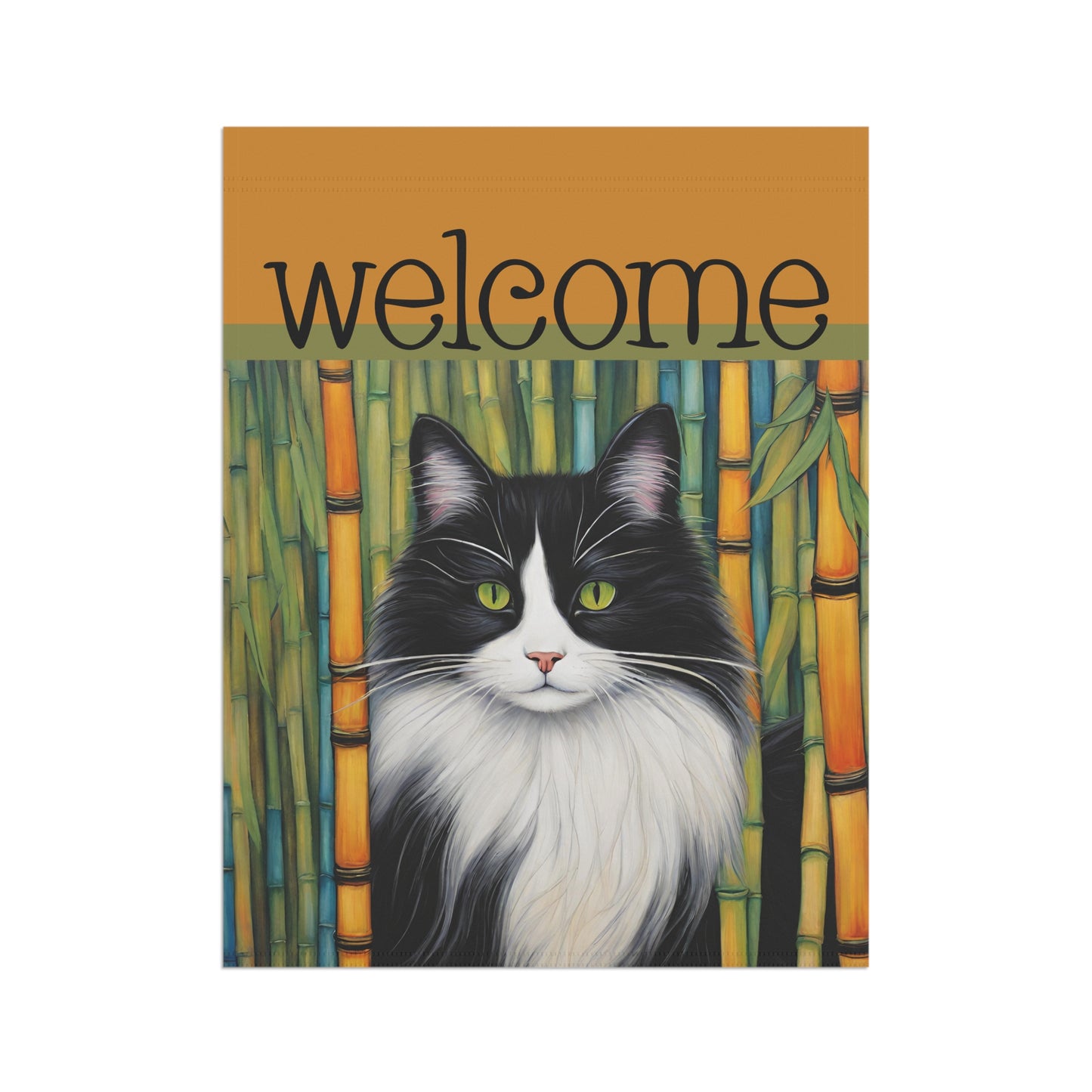 Black & White Bamboo Cat Welcome 2-Sided Garden & House Flag/Banner
