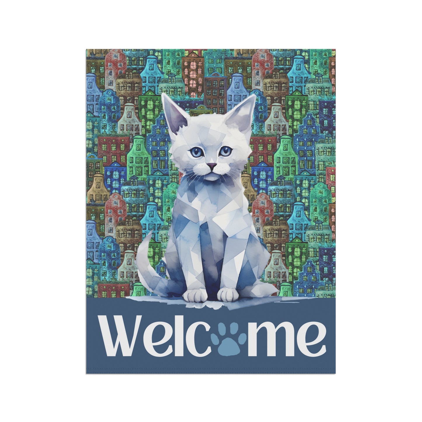 Blue City Cat Welcome 2-Sided Garden & House Flag/Banner