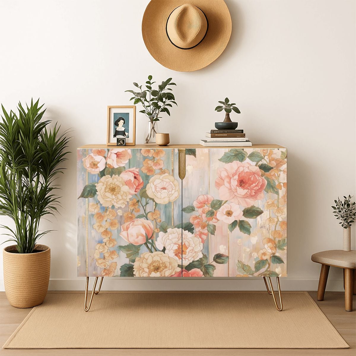 Pastel Floral Wooden Storage Cabinet (Made in USA)