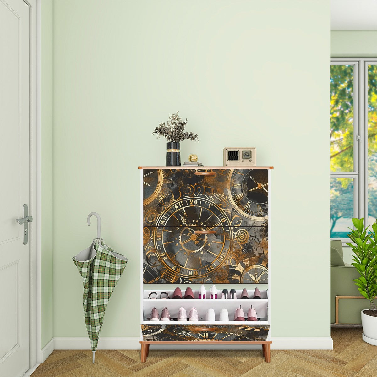 Vintage Mechanical Clocks Shoe Cabinet (Made in USA)