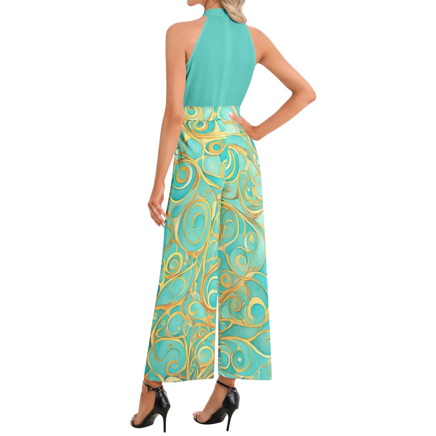 Teal Swirl Halter Neck Buckle Belted Jumpsuit