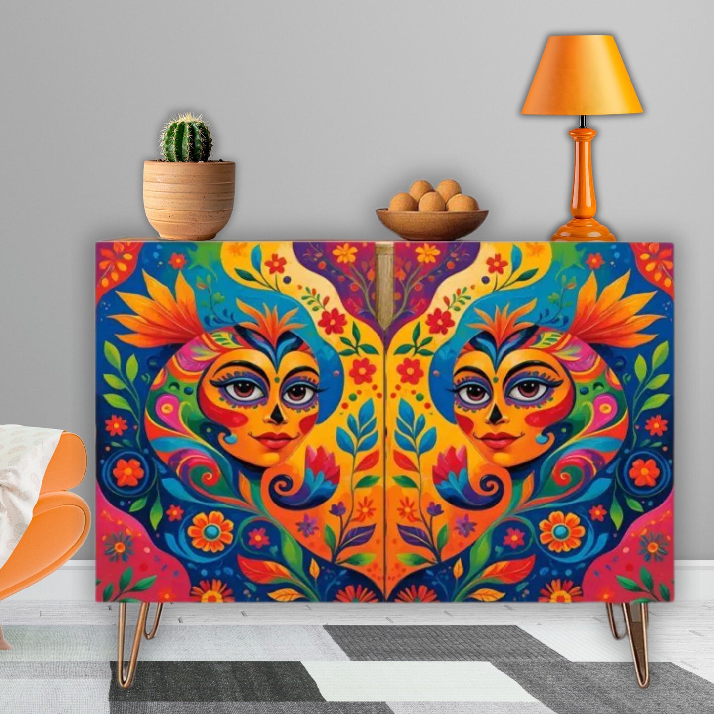 Colorful Mexican Art Wooden Storage Cabinet (Made in USA)