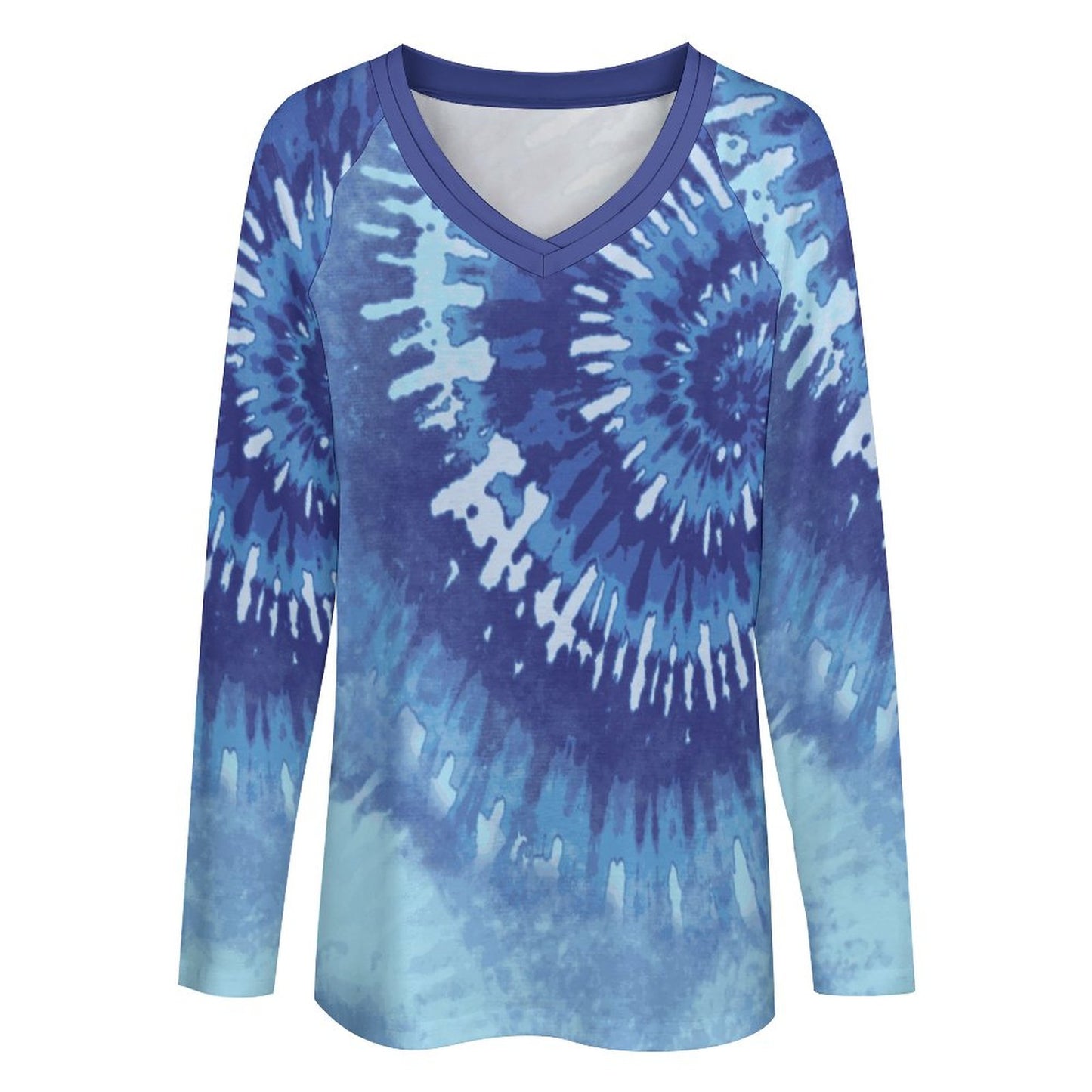 Blue Tie Dye Print V-neck Loose Long Sleeve T-shirt