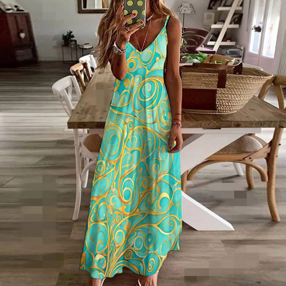 Teal Swirl Women's Summer Fashion Maxi Slip Dress