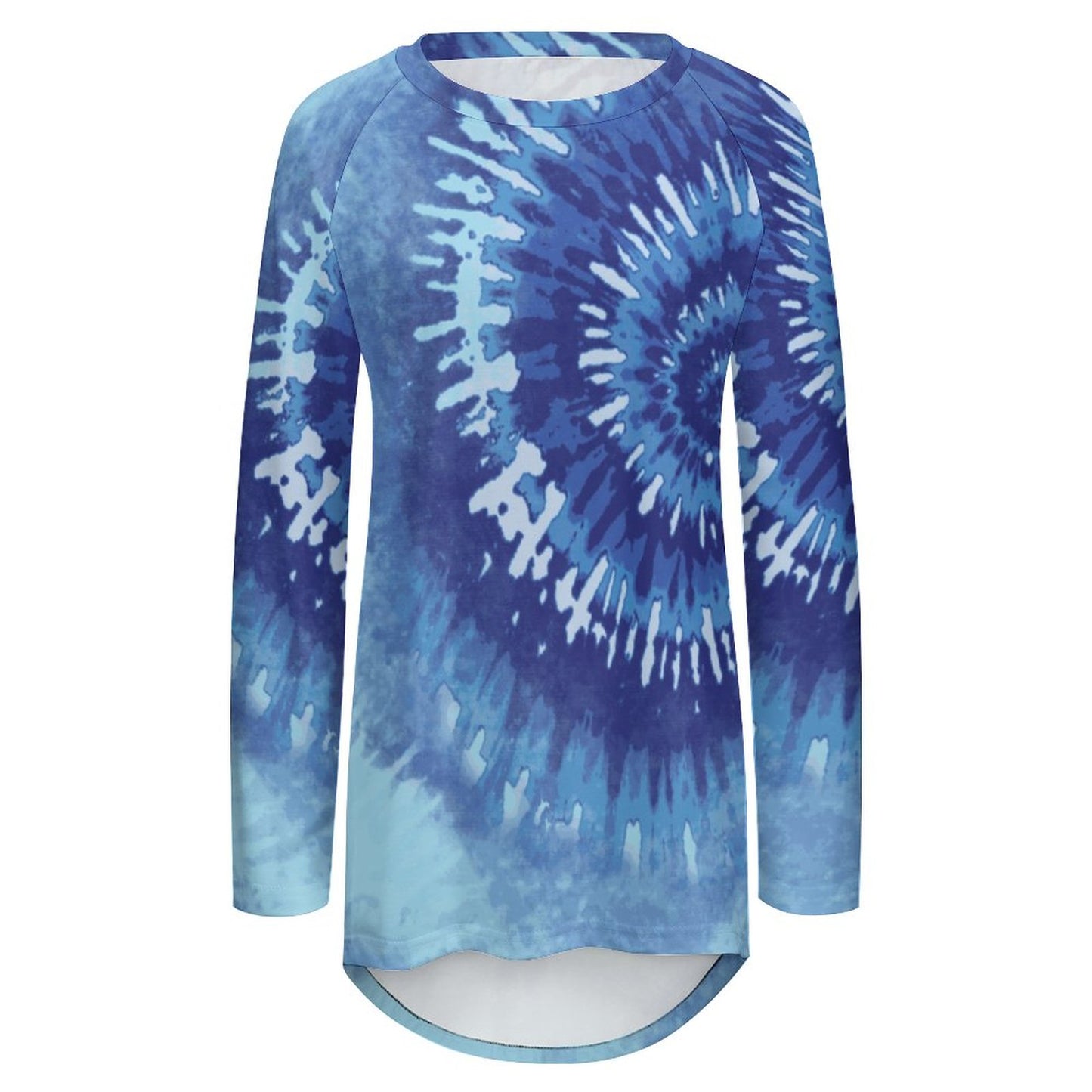 Blue Tie Dye Print Women's Long Sleeve U-Neck T-Shirt