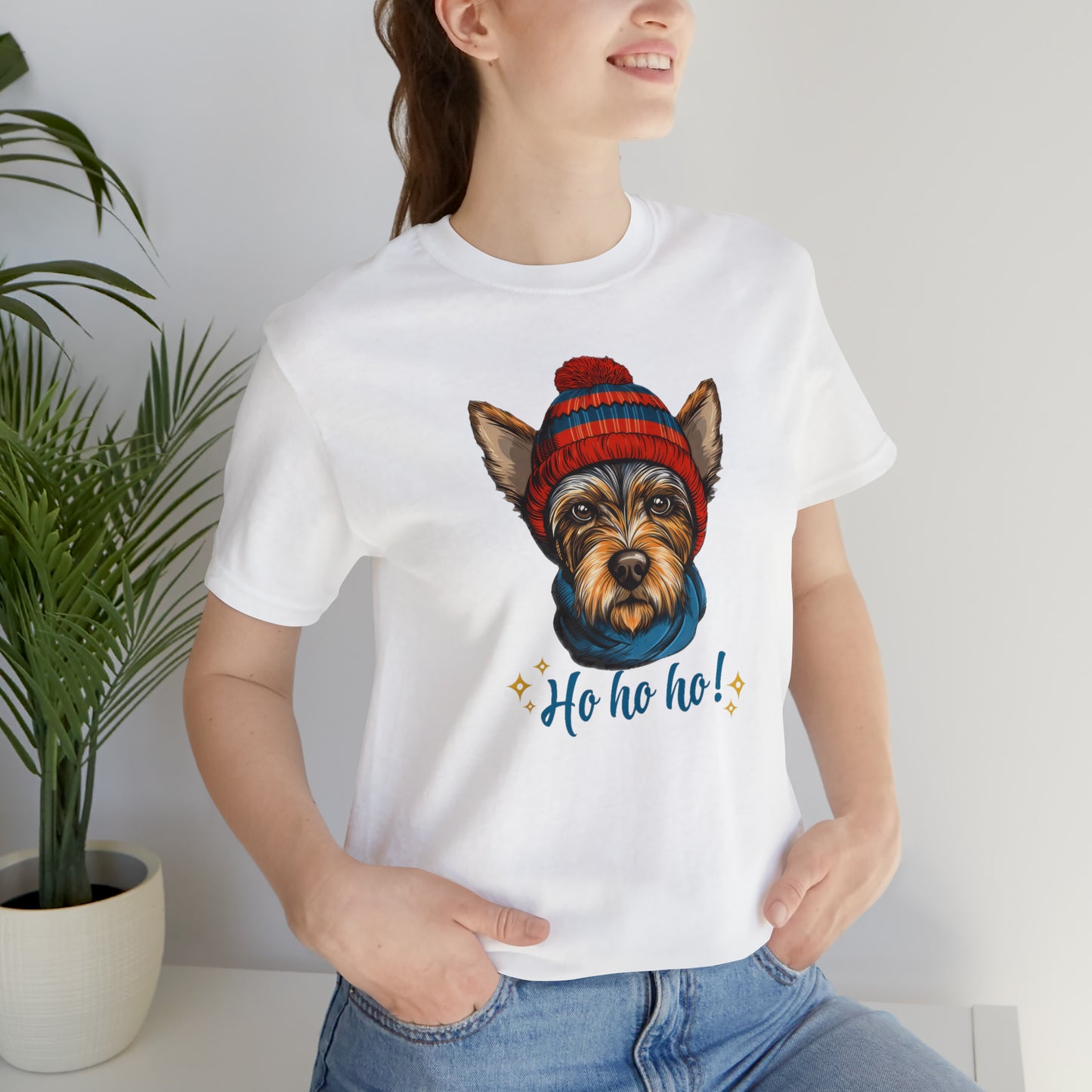 Scottish Terrier in Hat & Scarf Ho Ho Ho Unisex Jersey Short Sleeve Tee