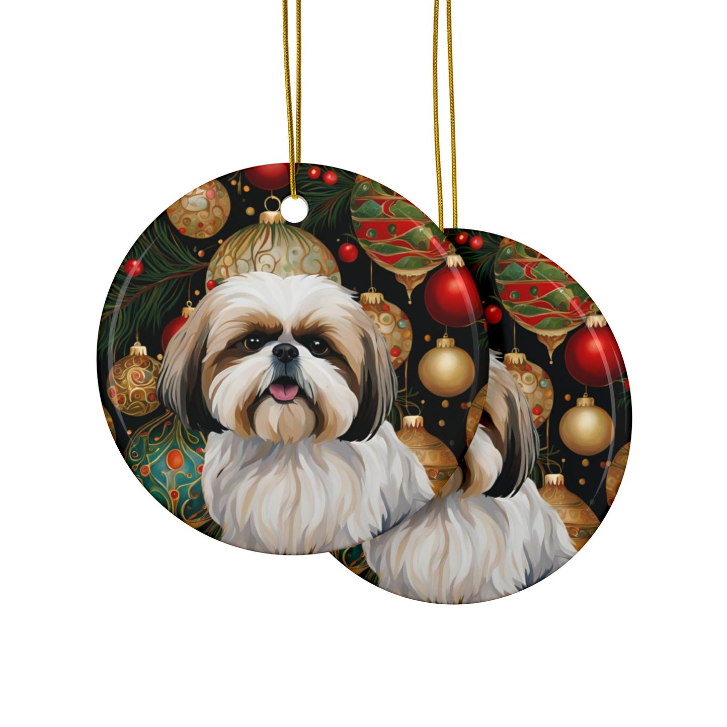 Shih Tzu Christmas  3" Ceramic Ornaments, 2-Side Print, (1pc, 10pcs)