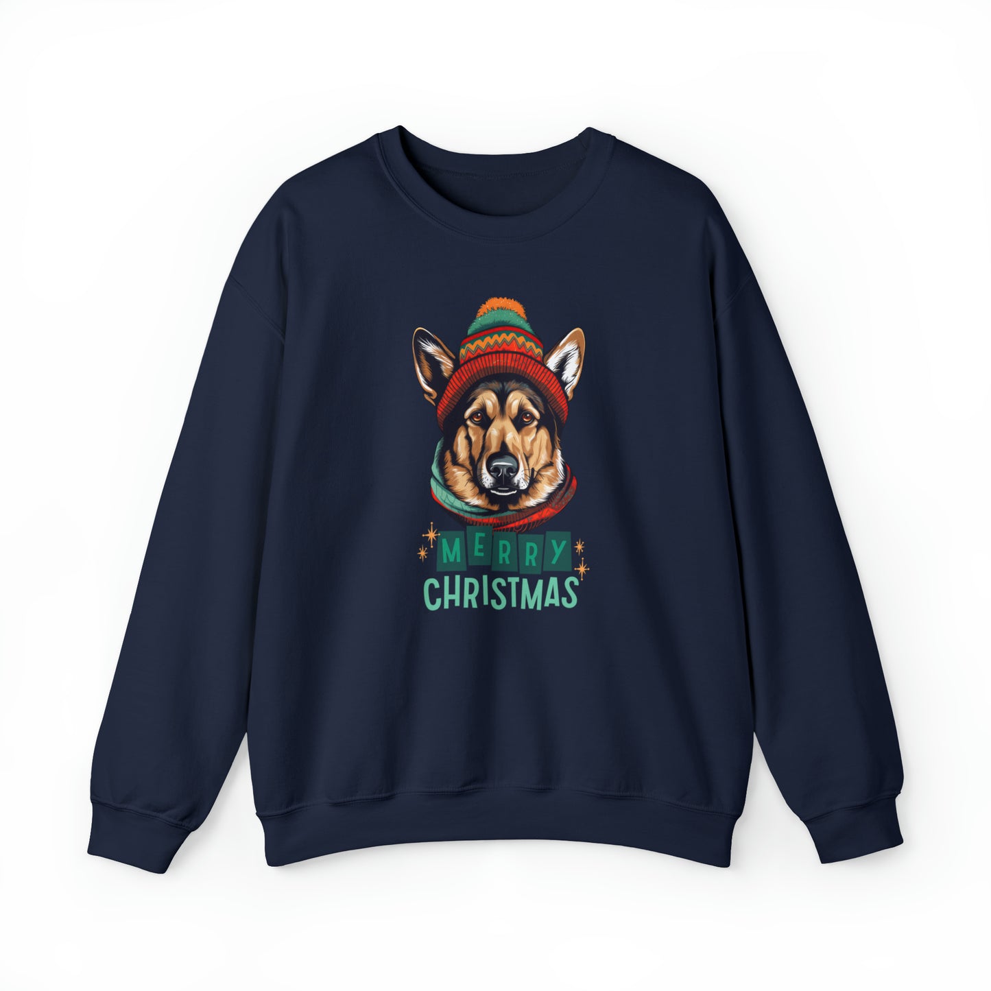 German Shepherd In Hat & Scarf Merry Christmas Unisex Heavy Blend™ Crewneck Sweatshirt