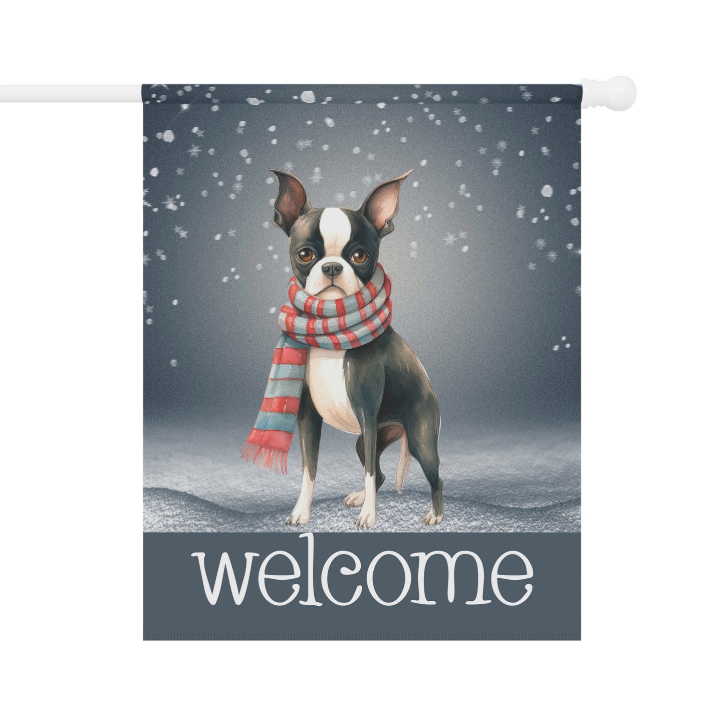 Snowy Welcome Boston Terrier in Scarf 2-Sided Garden & House Flag/Banner