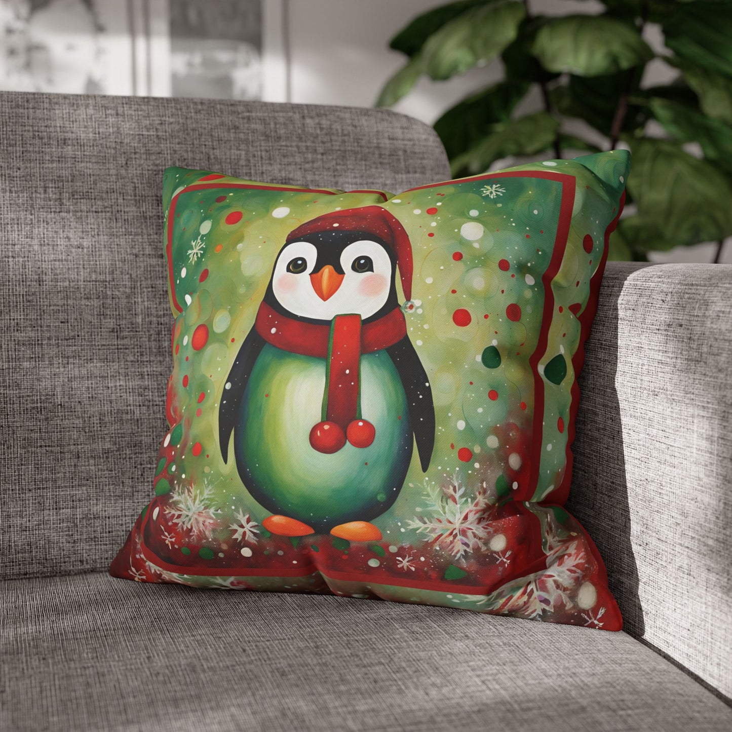 Holiday Penguin Square Poly Canvas Pillowcase