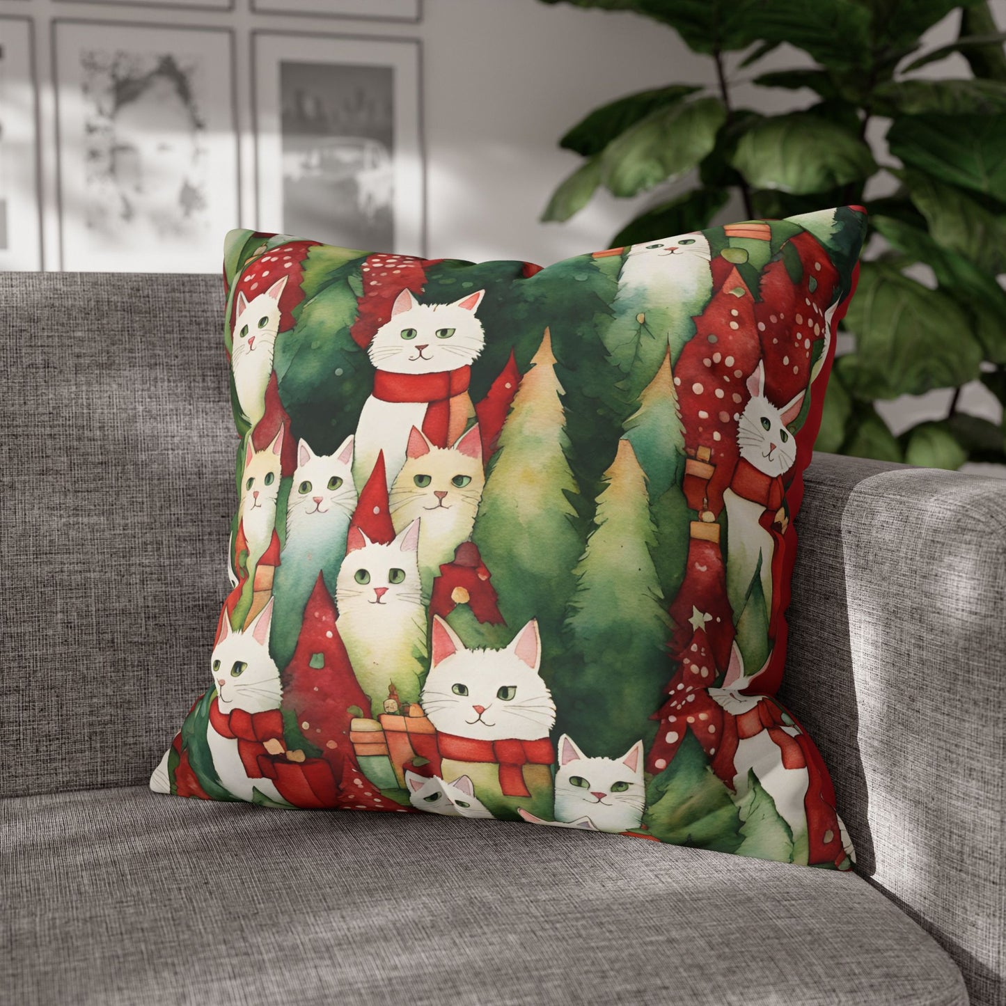 Meowy Christmas Square Poly Canvas Pillowcase