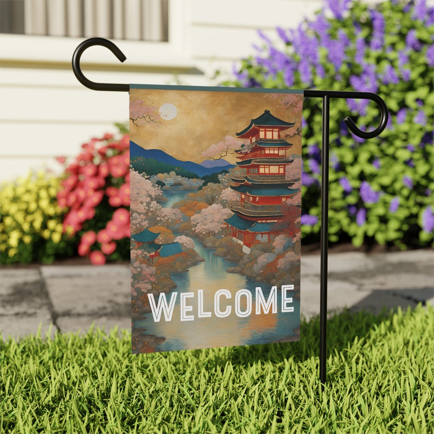 Serene Pagoda Welcome 2-Sided Garden & House Flag/Banner