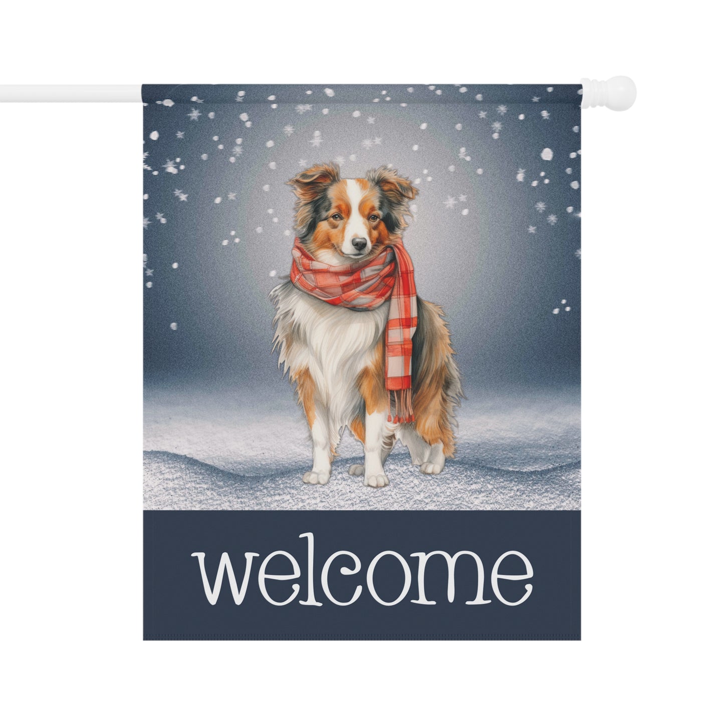 Snowy Welcome Collie in Scarf 2-Sided Garden & House Flag/Banner