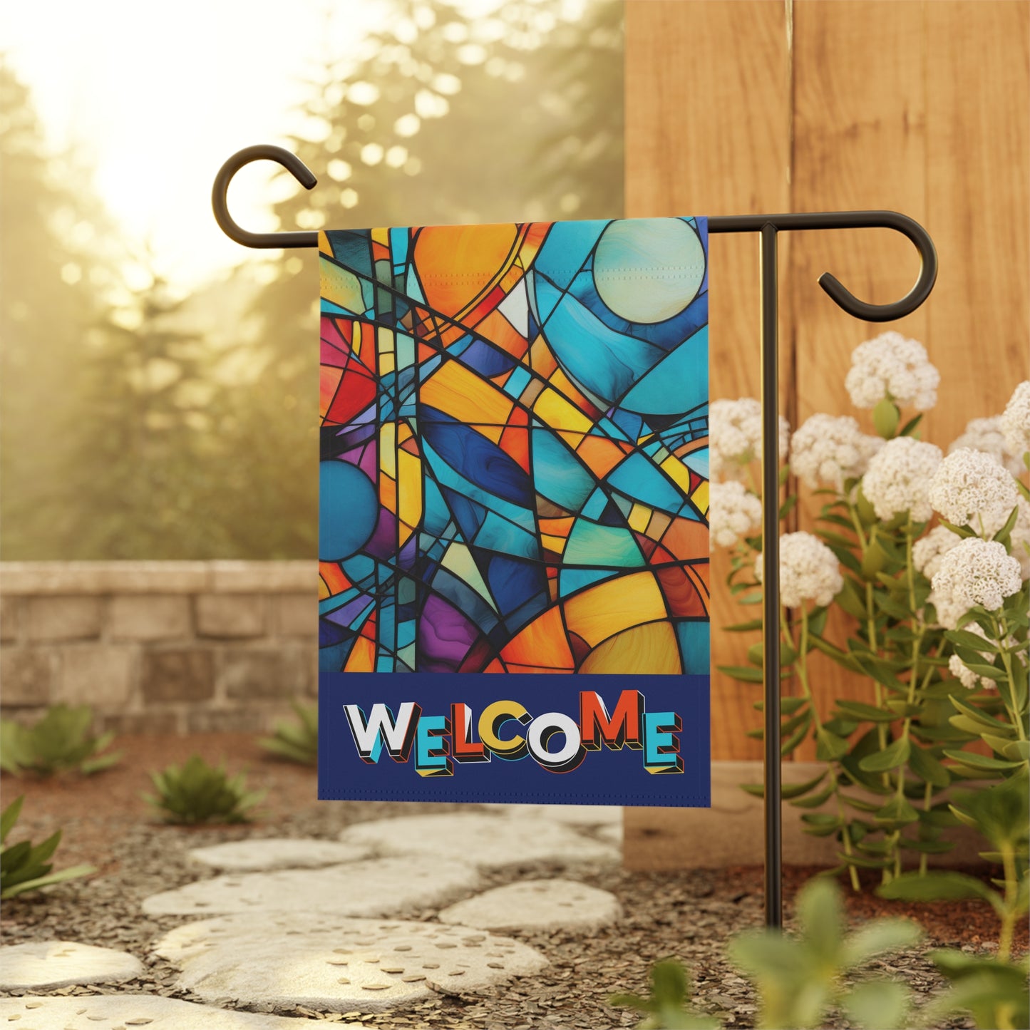 Modern Stained Glass Welcome 2-Sided Garden & House Flag/Banner