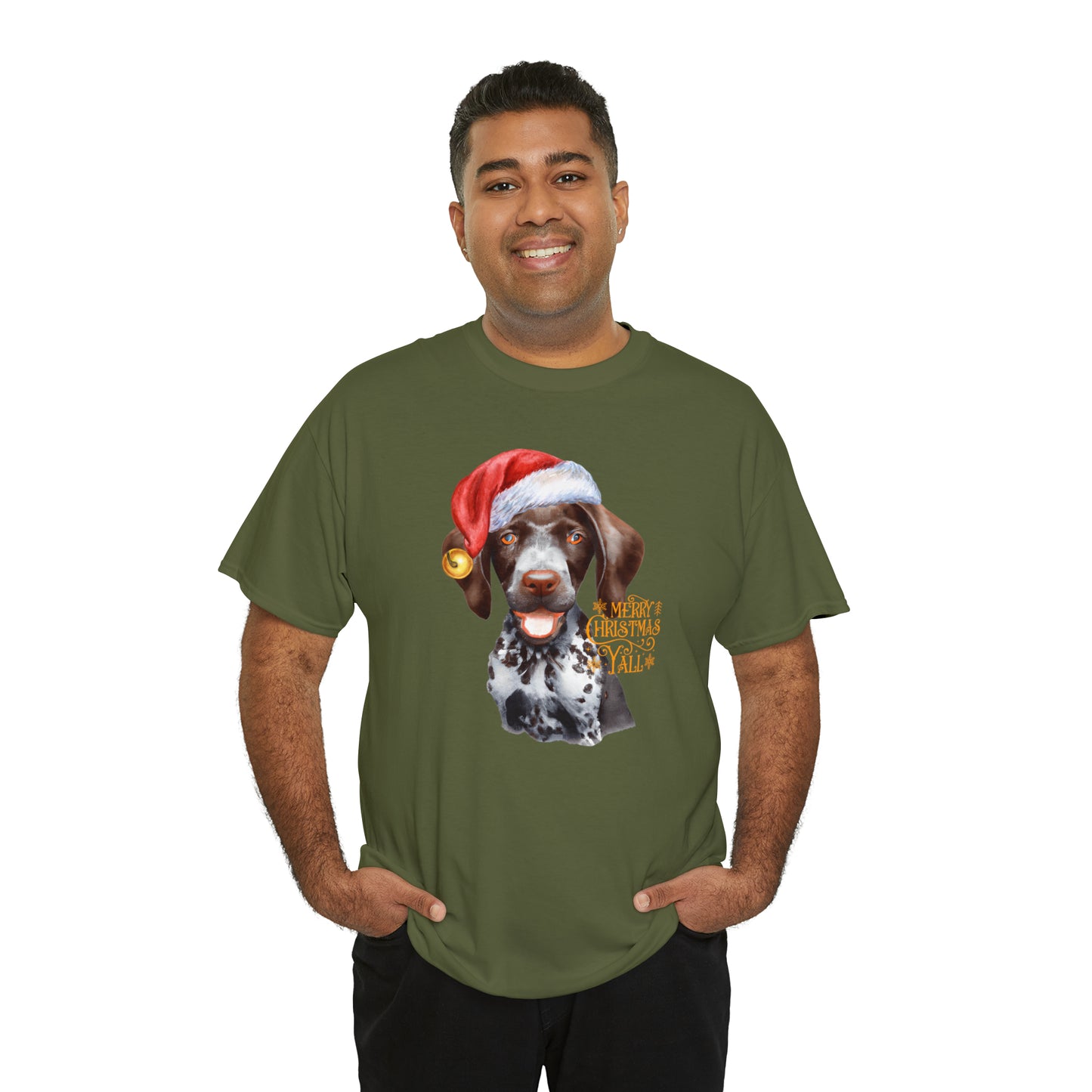 Merry Christmas Y'all German Shorthaired Pointer in Santa Hat Unisex Heavy Cotton Tee