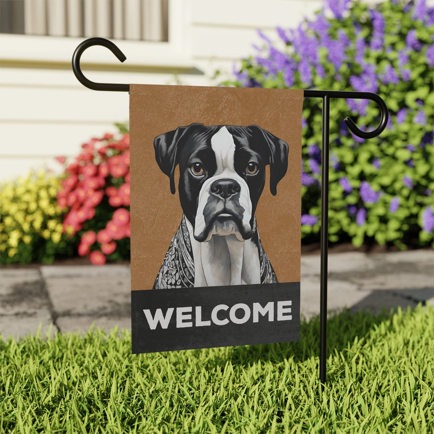 Boxer (Black & White) Welcome 2-Sided Garden & House Flag/Banner