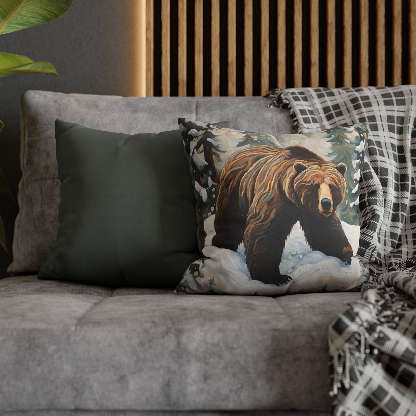 Winter Grizzly Square Poly Canvas Pillowcase