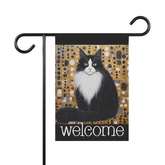 Eugene Black & White Cat Welcome 2-Sided Garden & House Flag/Banner