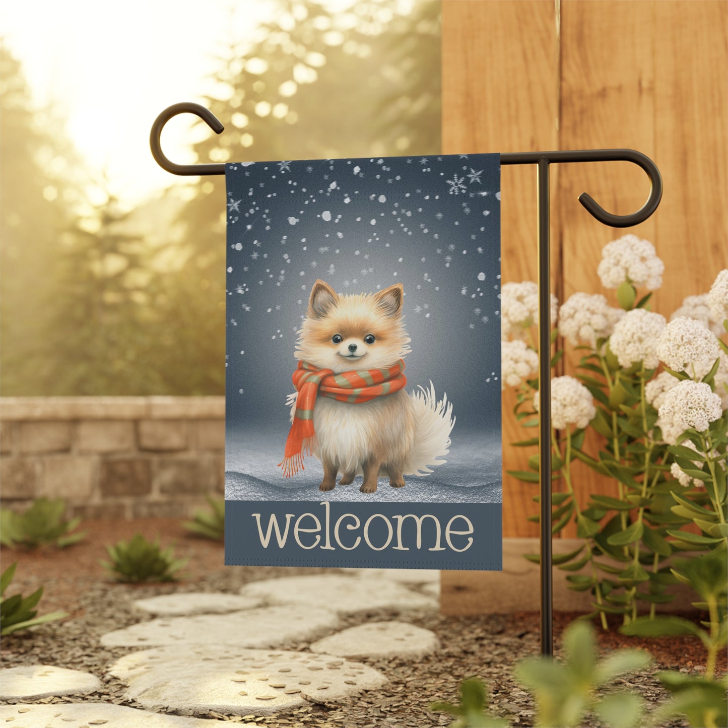 Snowy Welcome Pomeranian in Scarf 2-Sided Garden & House Flag/Banner