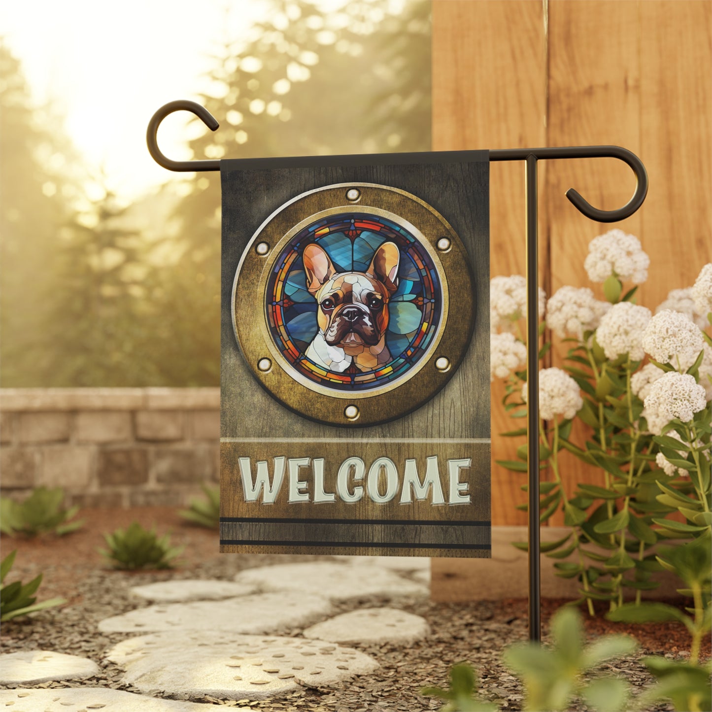 French Bulldog in Port Hole Welcome 2-Sided Garden & House Flag/Banner