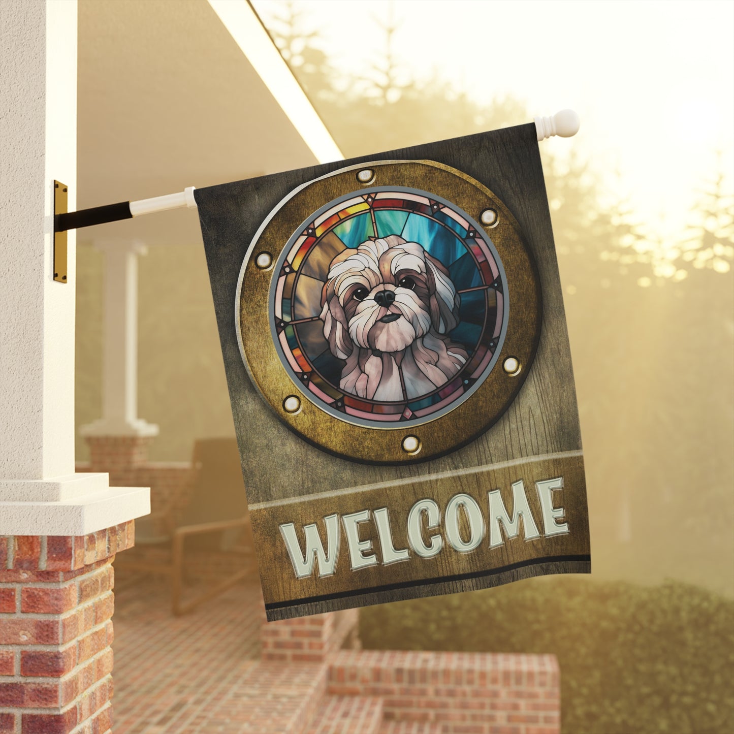 Lhasa Apso in Port Hole Welcome 2-Sided Garden & House Flag/Banner
