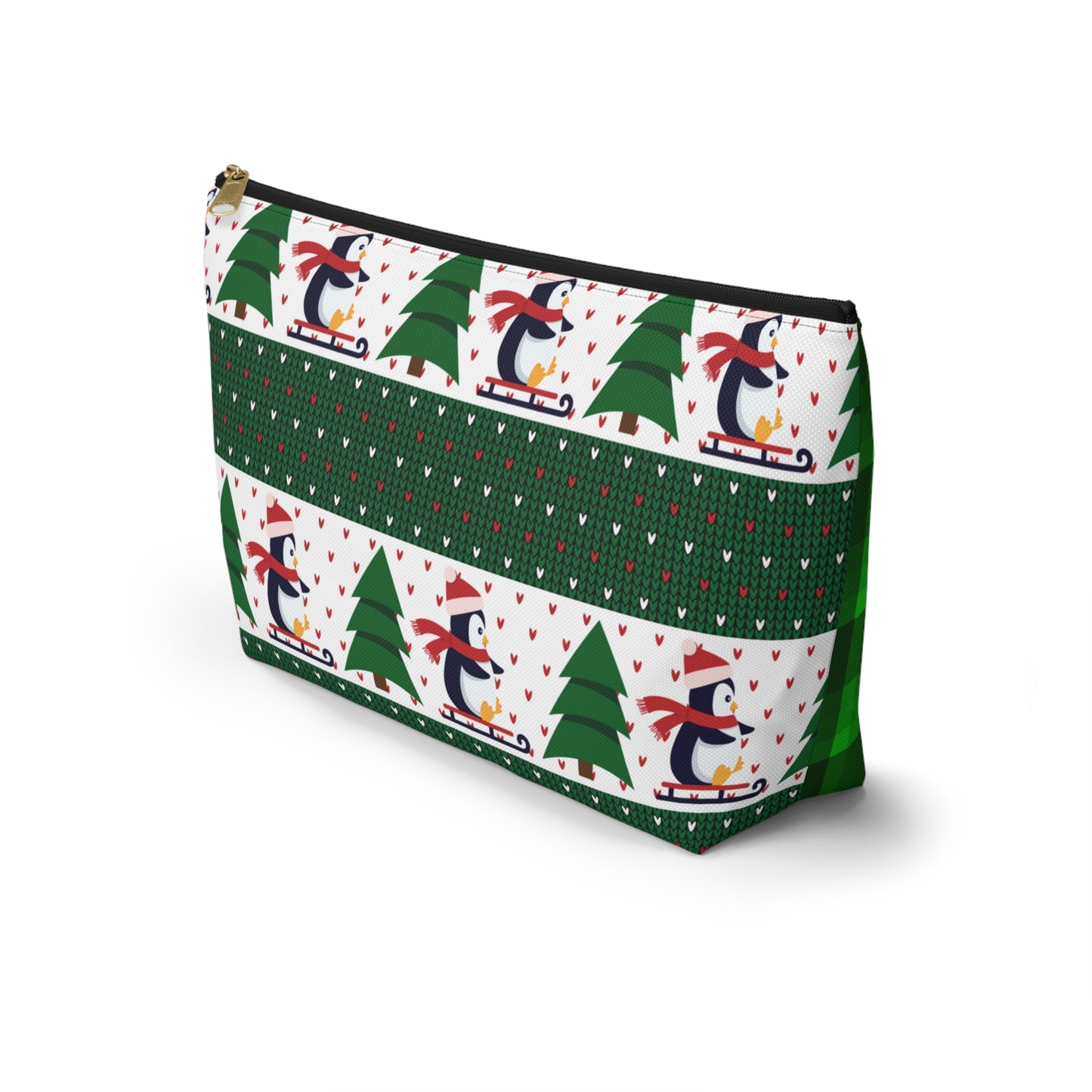 Sledding Penguins Green Plaid Accessory Pouch w T-bottom