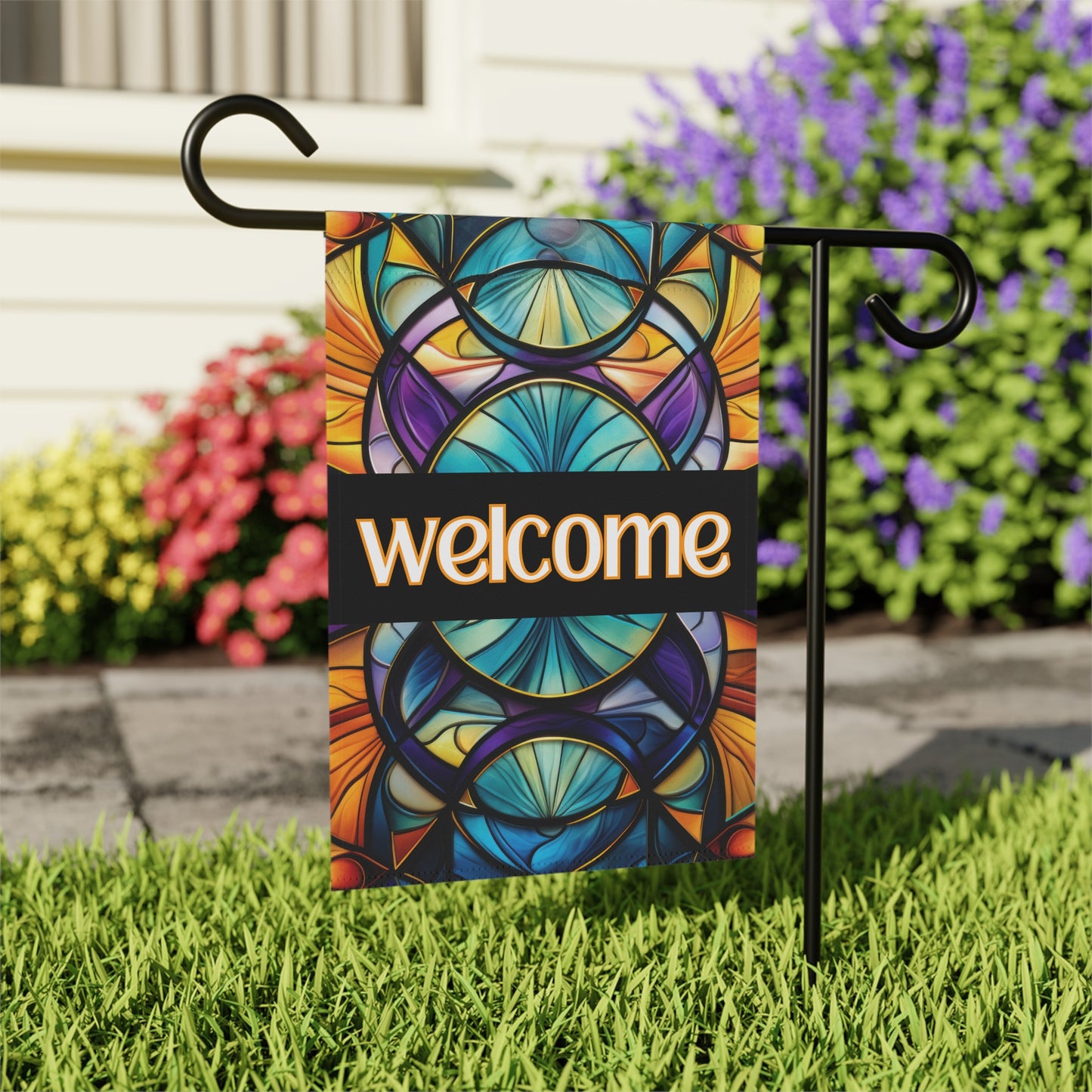 Welcome Stained Glass 2-Sided Garden & House Flag/Banner