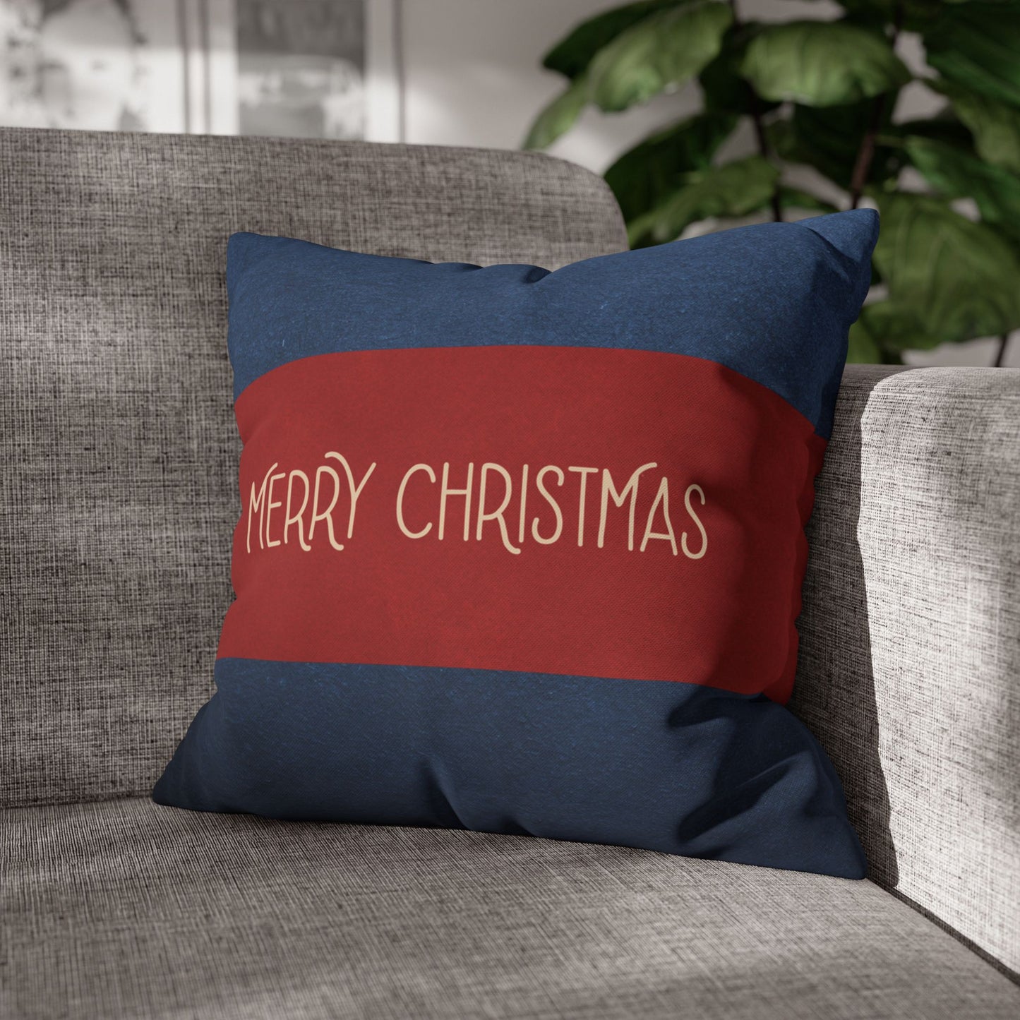 Merry Christmas Red & Navy Square Poly Canvas Pillowcase