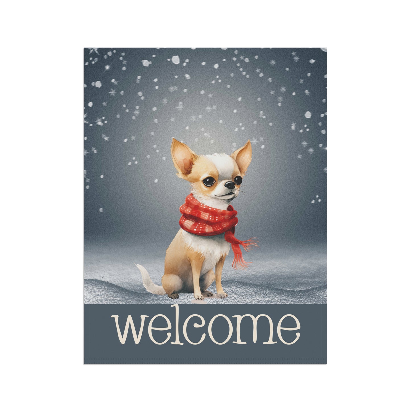 Snowy Welcome Chihuahua in Scarf 2-Sided Garden & House Flag/Banner