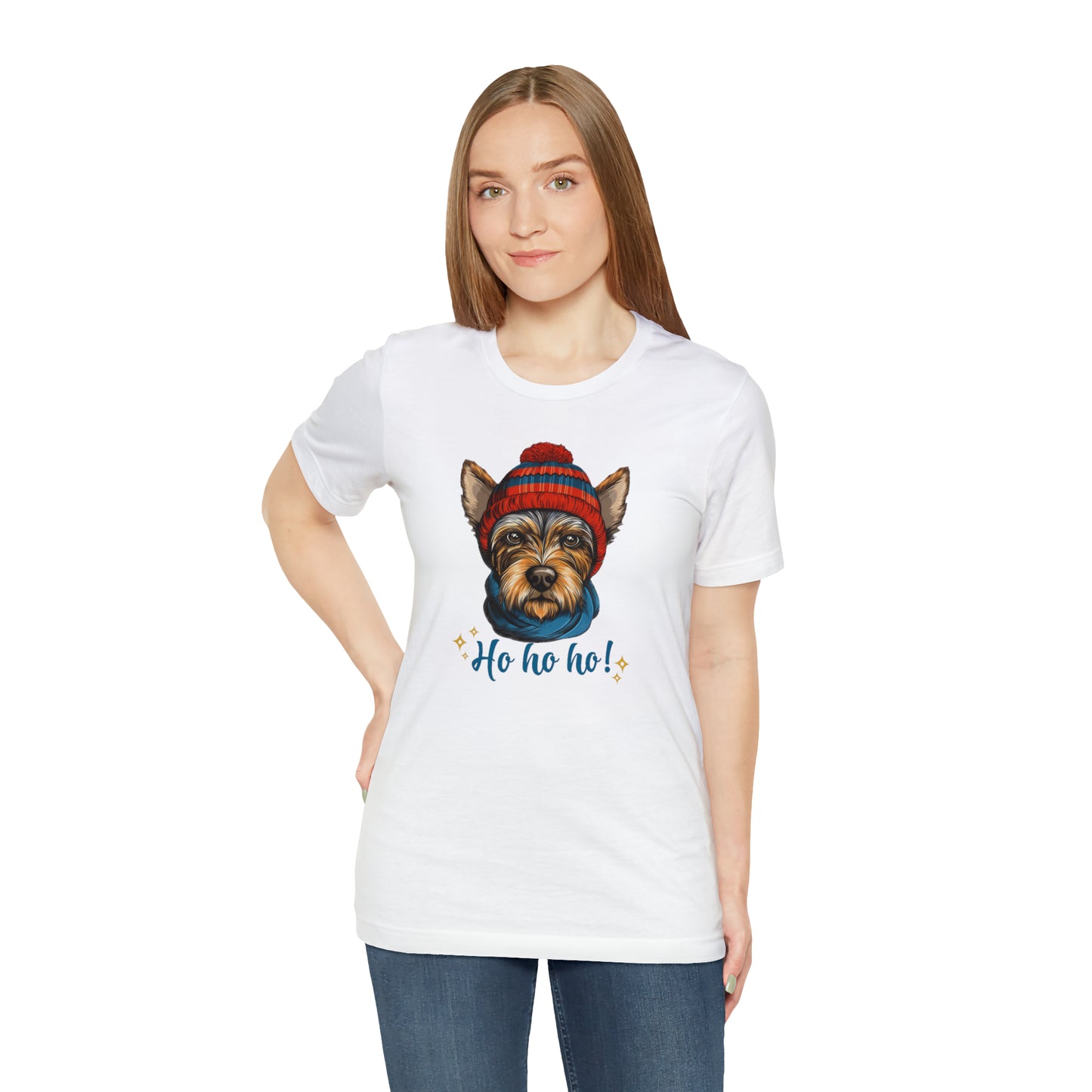 Scottish Terrier in Hat & Scarf Ho Ho Ho Unisex Jersey Short Sleeve Tee