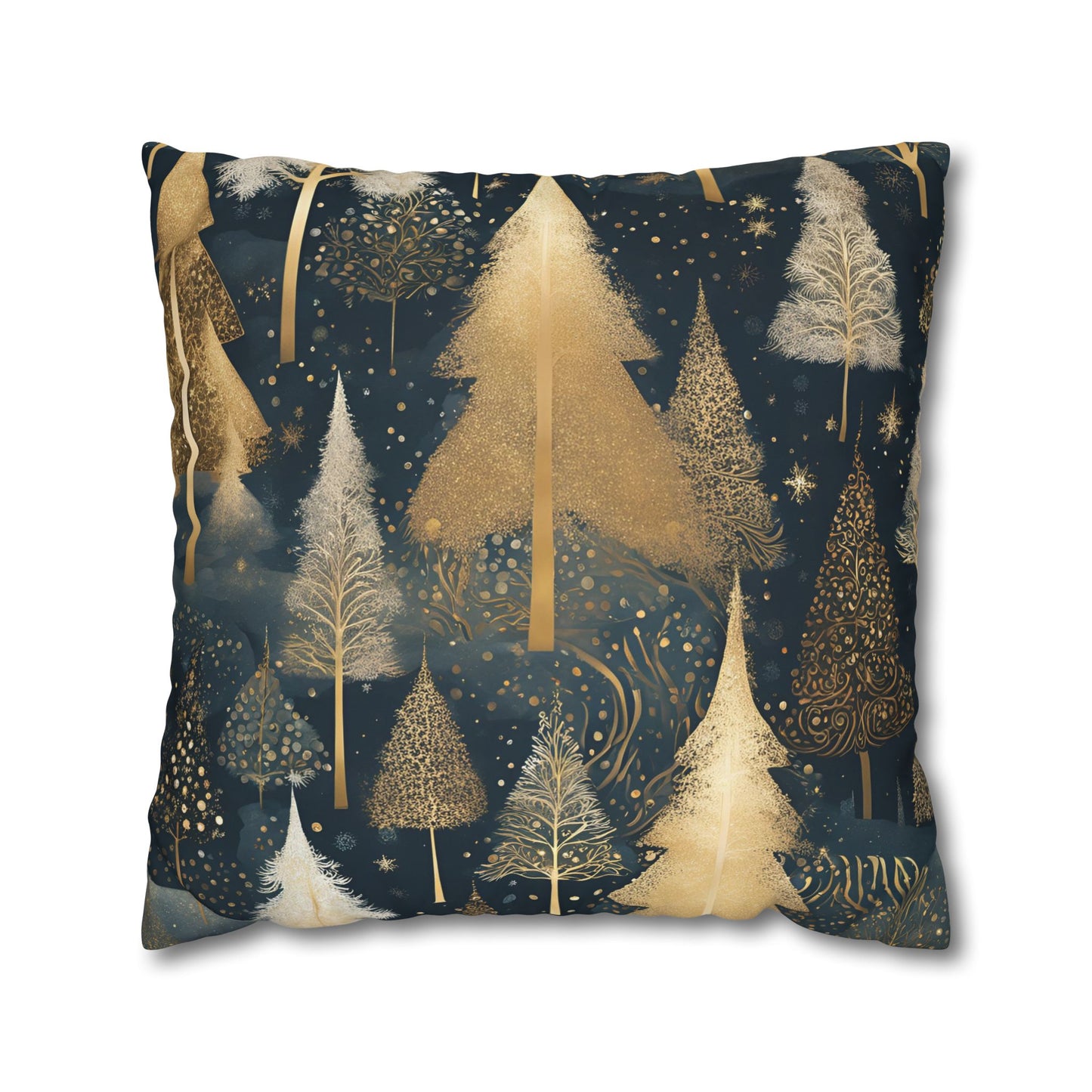 Golden Evergreens on Navy Square Poly Canvas Pillowcase