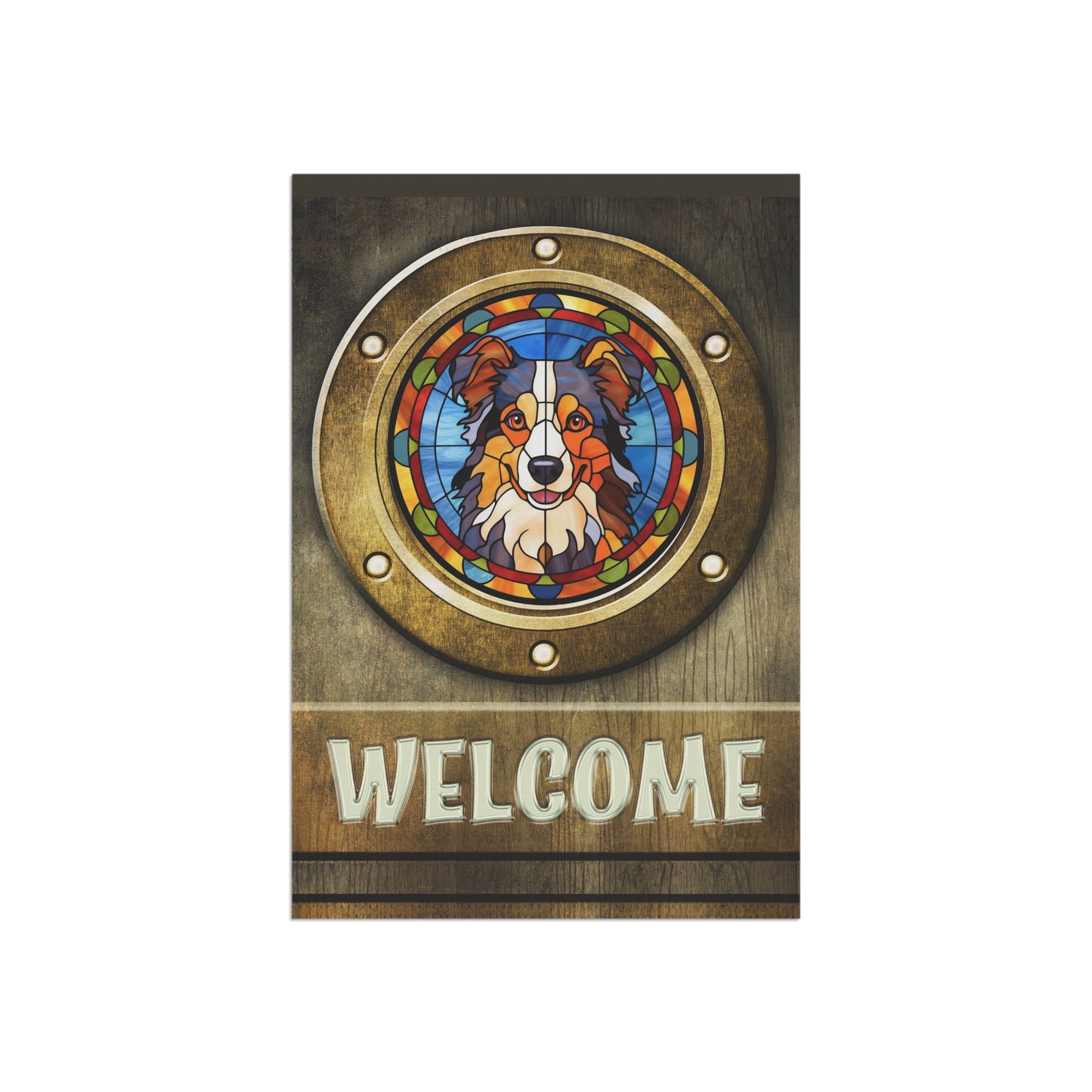 Australian Shepherd in Port Hole Welcome 2-Sided Garden & House Flag/Banner