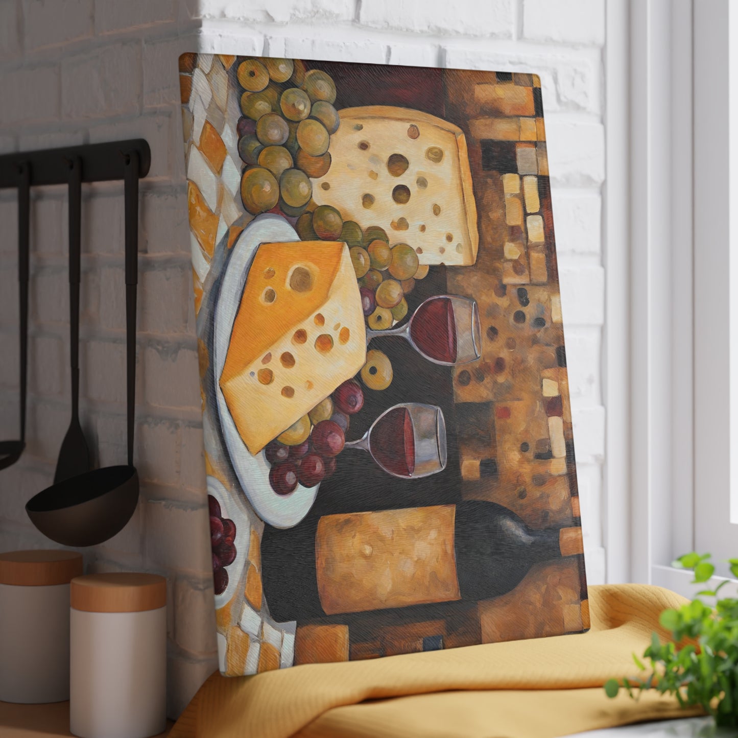 Unwind Wine, Cheese and Grapes Tempered Glass Cutting Board