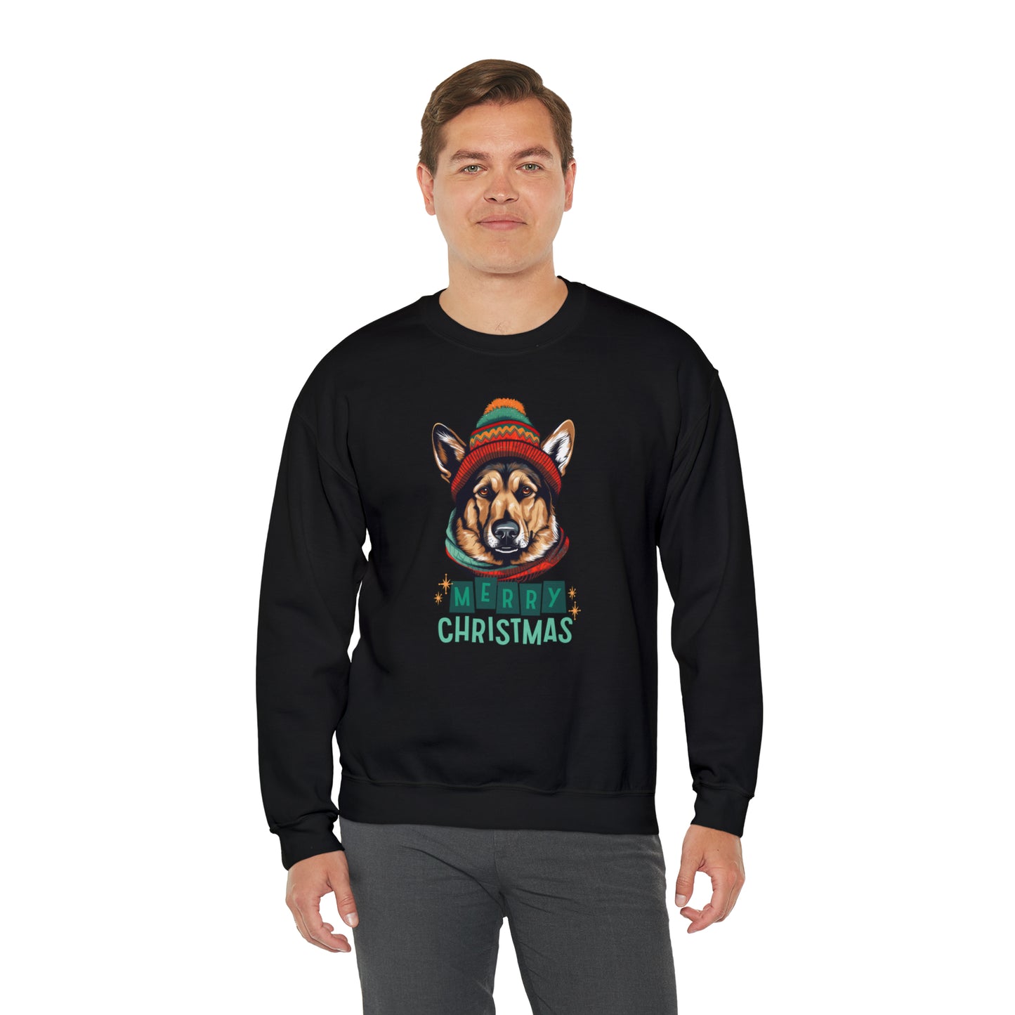 German Shepherd In Hat & Scarf Merry Christmas Unisex Heavy Blend™ Crewneck Sweatshirt