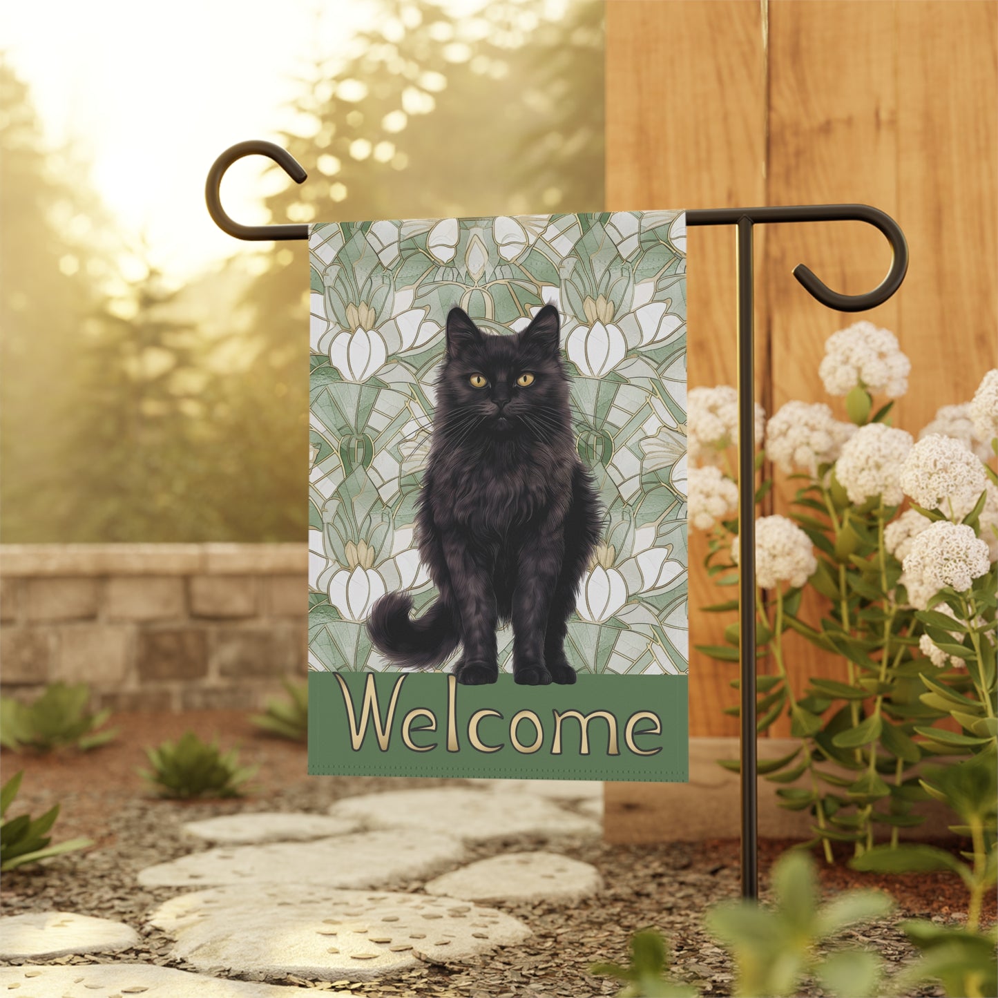 Black Cat on Sage Welcome 2-Sided Garden & House Flag/Banner