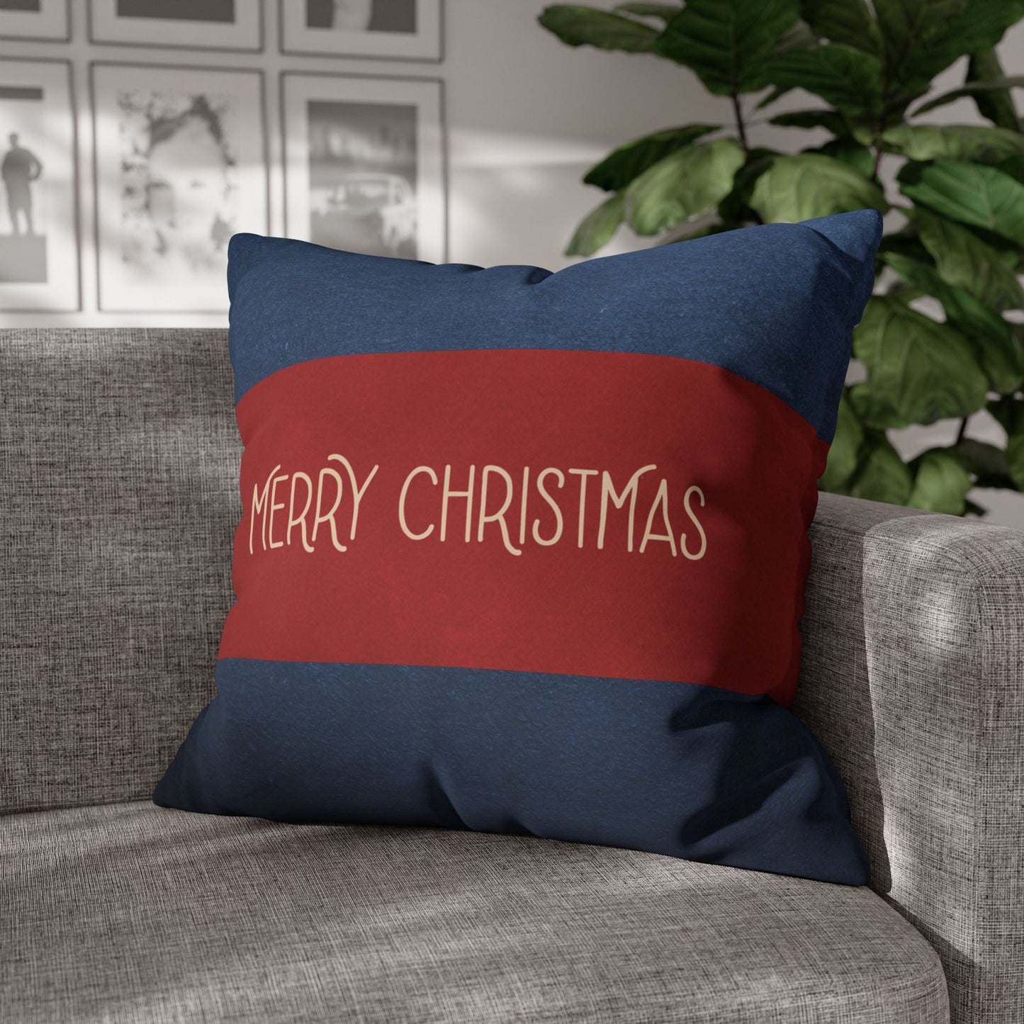 Merry Christmas Red & Navy Square Poly Canvas Pillowcase