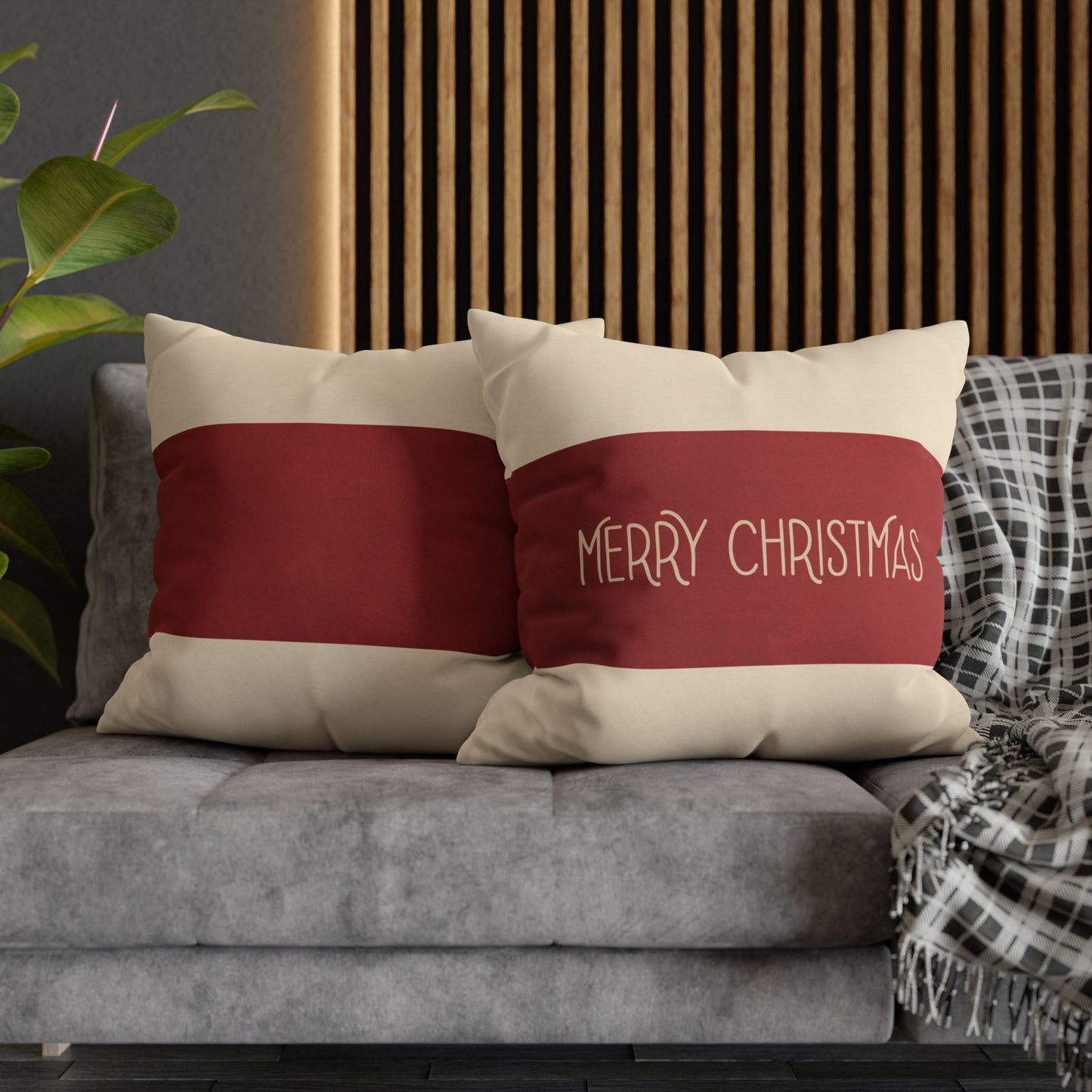 Merry Christmas Red & Cream Square Poly Canvas Pillowcase